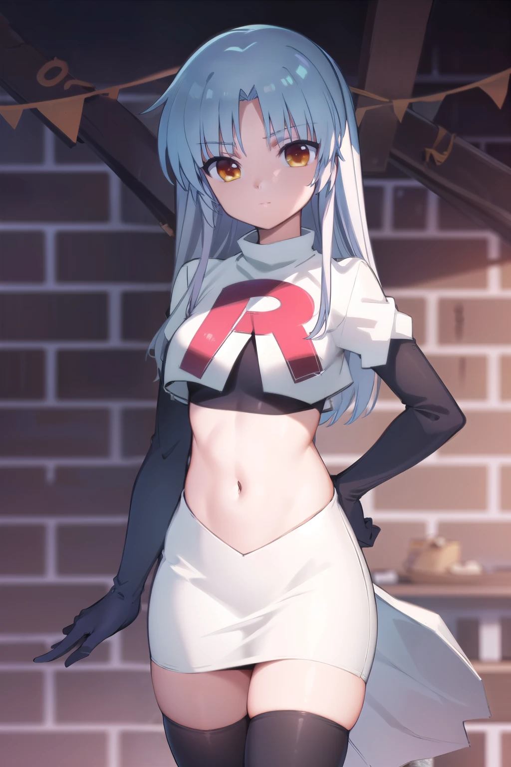 (((pixel-perfect, detail-perfect))), solo, 1girl, kanade tachibana, , looking at viewer, team rocket,team rocket uniform,white skirt,red letter R,crop top,black thigh-highs,black elbow gloves