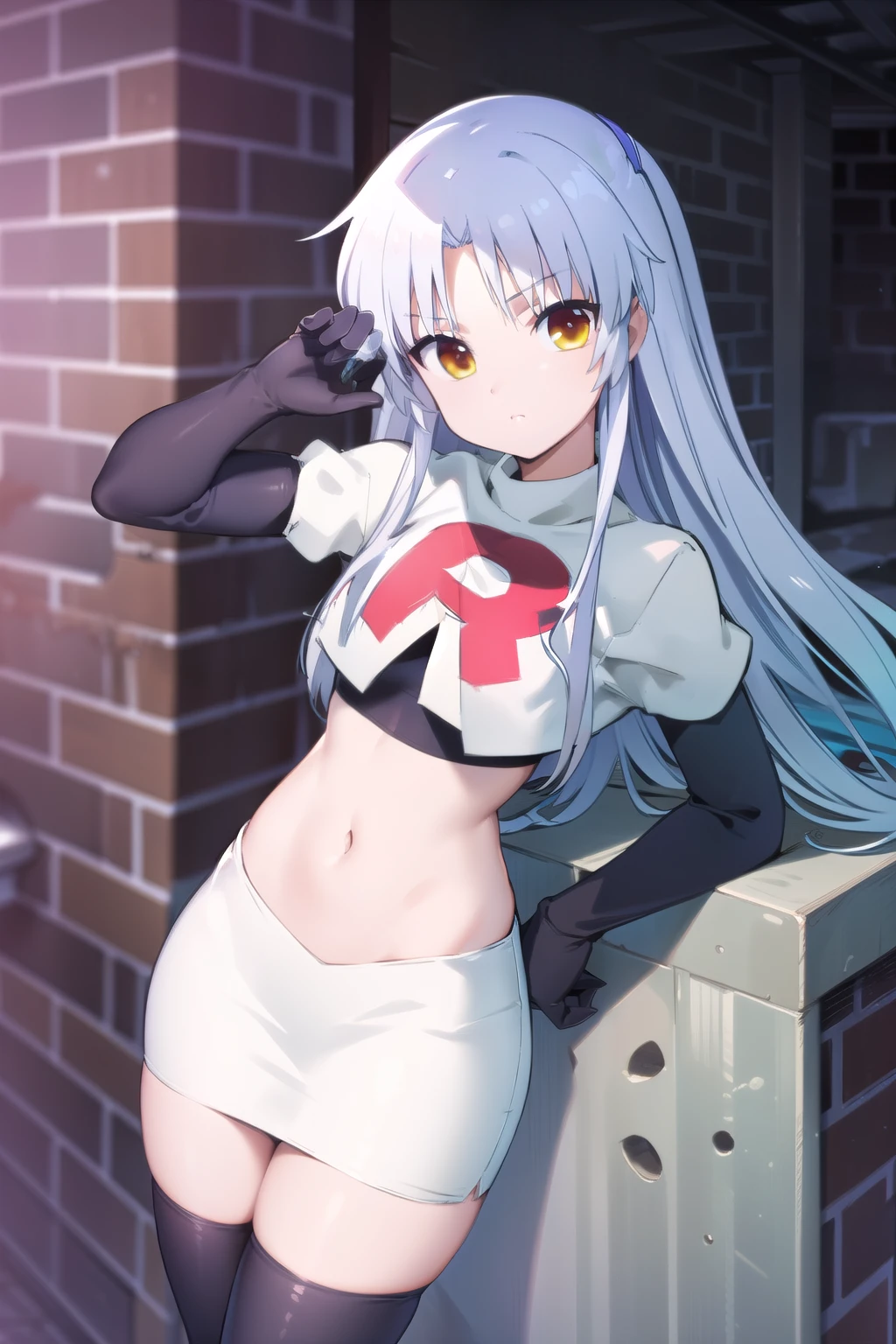 (((pixel-perfect, detail-perfect))), solo, 1girl, kanade tachibana, , looking at viewer, team rocket,team rocket uniform,white skirt,red letter R,crop top,black thigh-highs,black elbow gloves