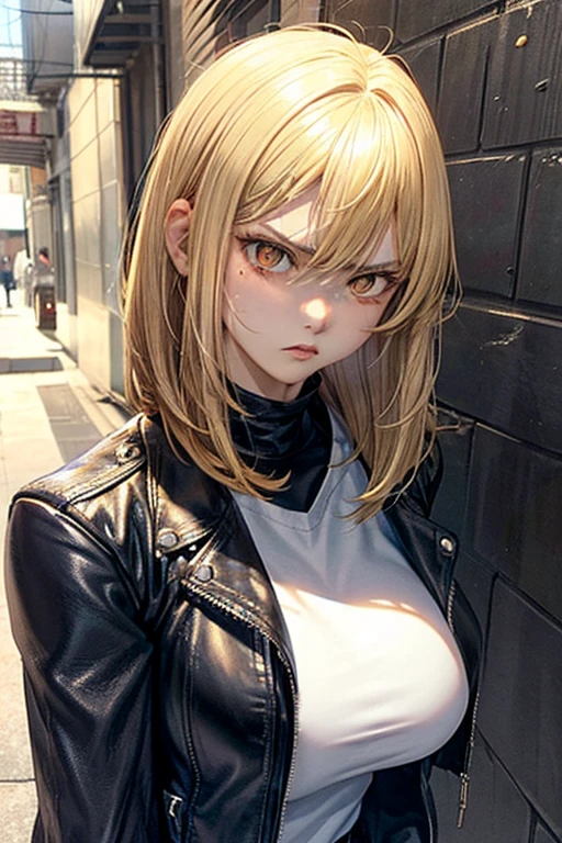 delinquent girl, tough appearance, sharp eyes, golden eyes, short hairstyle, dirty blonde hair color, angry face, rough face, big breasts, black leather jacket, white shirt, alley, curvy body, mature face