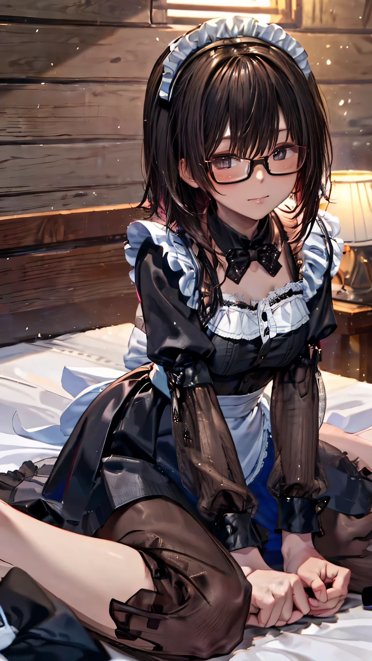 Full, high quality, high definition, (long black haired maid wearing glasses), (((comes to wake you up in the morning)))