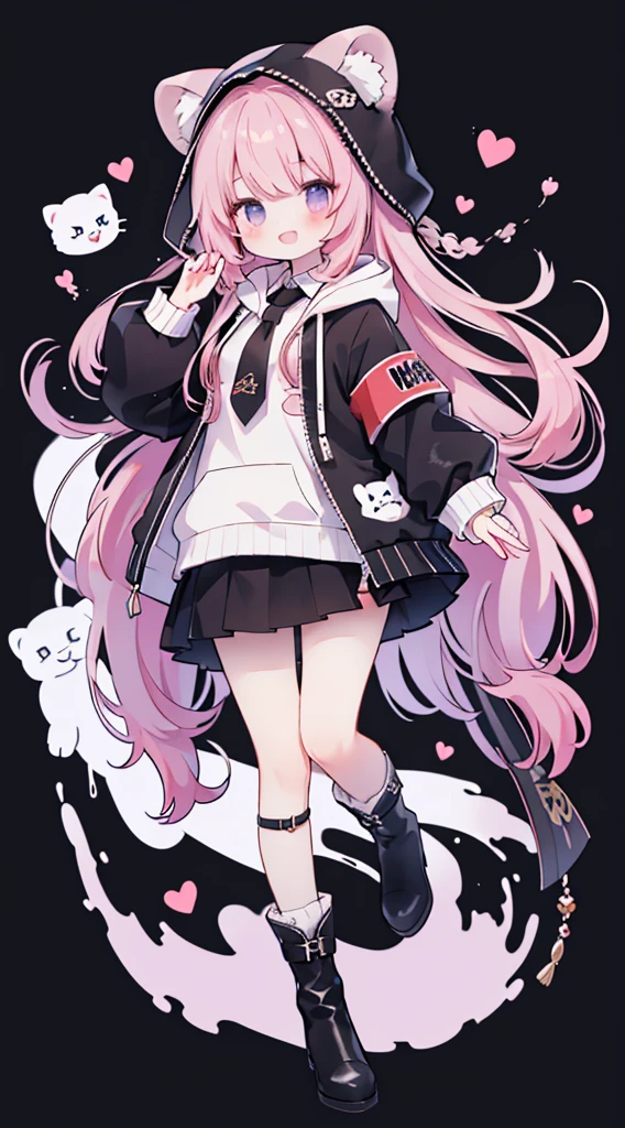 (masterpiece、Top quality、high quality)、one个年轻女孩的全身、one 、Pink long hair、tie hair、Fluffy、Black skirt、Mafia girl、Full Body Love、Fluffy atmosphere、Leather Boots、Plain white background、Smile、positive、Lion hoodie、