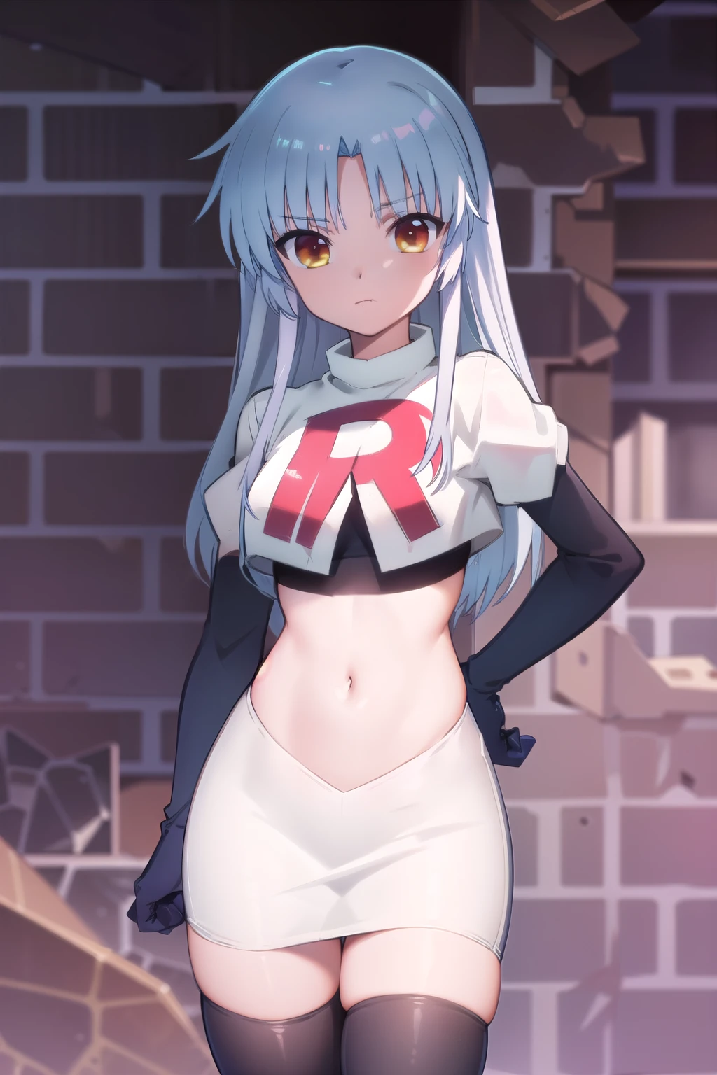 (((pixel-perfect, detail-perfect))), solo, 1girl, kanade tachibana, , looking at viewer, team rocket,team rocket uniform,white skirt,red letter R,crop top,black thigh-highs,black elbow gloves