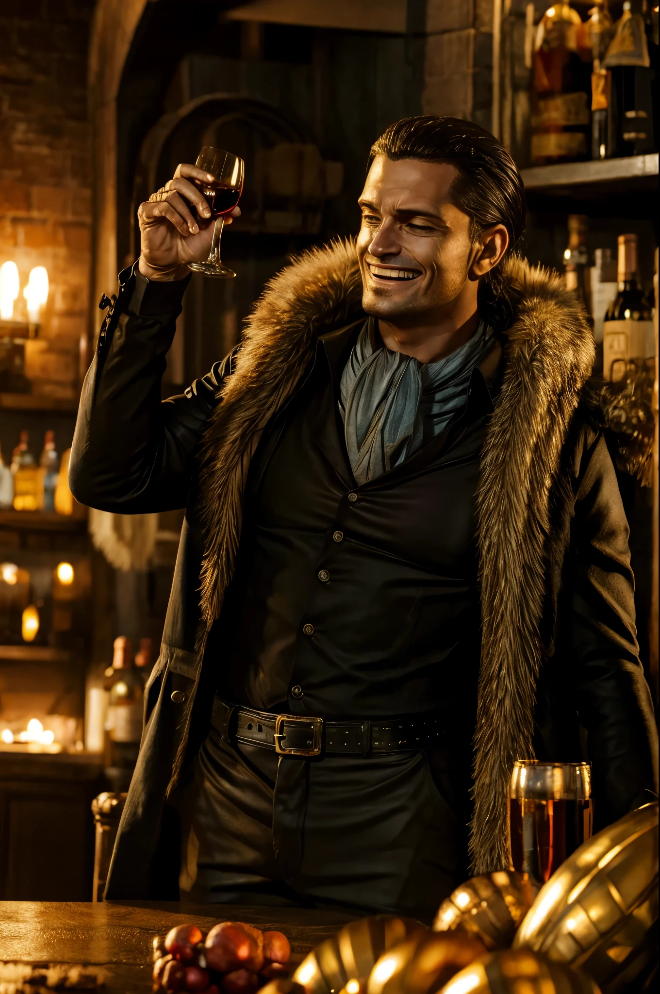 masterpiece, best quality, extremely detailed, hyperrealistic, photorealistic, a cool 40s man, ultra detailed face:1.2, fur-trimmed coat, scarf around the neck, at bar, toasting, wine, laughing:1.1