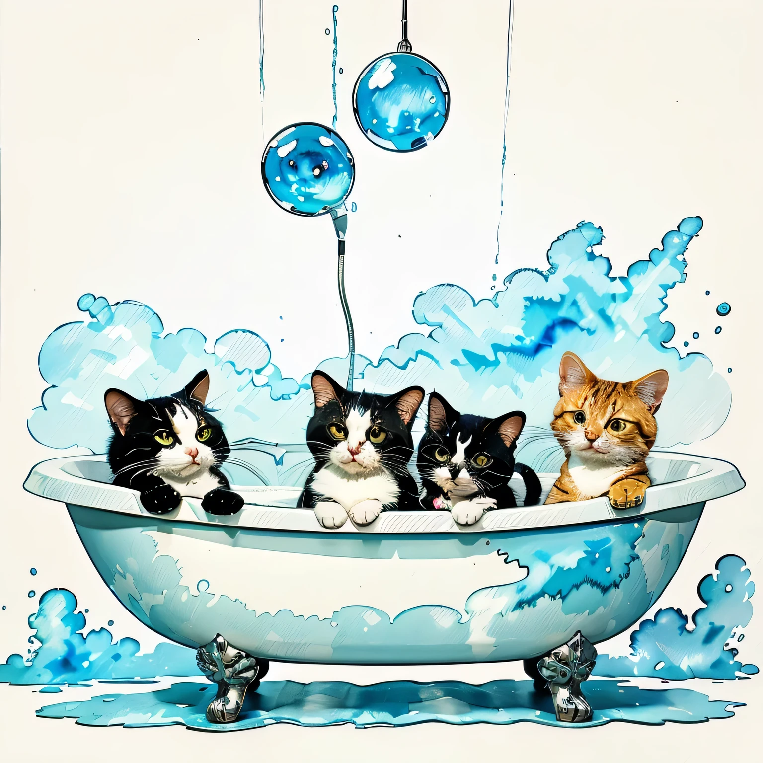 The bathtub needs white bath bubbles, more cats, and a black shower head on top