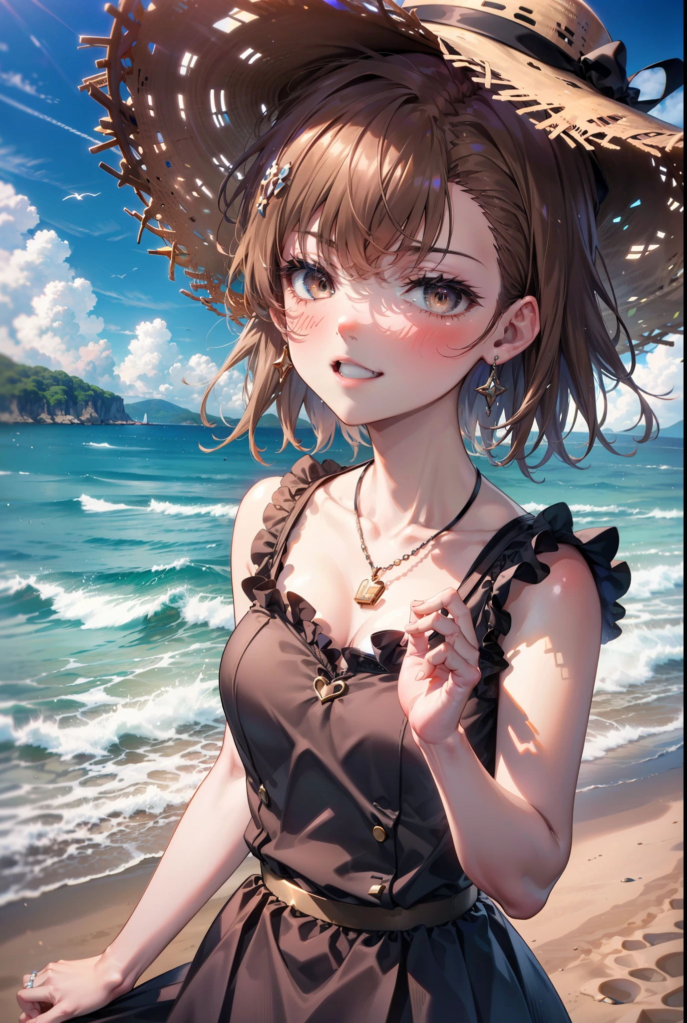 8k,highest quality,masterpiece,(((Pixel Perfect, Perfect in every detail))), alone, 1 girl, ,Mycotrose, Brown eyes,Brown Hair,short hair,Sleeveless red dress,Long skirt,barefoot,Locket Necklace,Straw hat,Beach,Strolling on the sandy beach,happy smile, smile, Open your mouth,True Summer,Daytime,Clear skies,As if your whole body is in the illustration,(masterpiece:1.2), highest quality, High resolution, unity 8k wallpaper, (shape:0.8), (Beautiful and detailed:1.6), Highly detailed face, Perfect lighting, Extremely detailed CG, (Perfect hands, Perfect Anatomy),