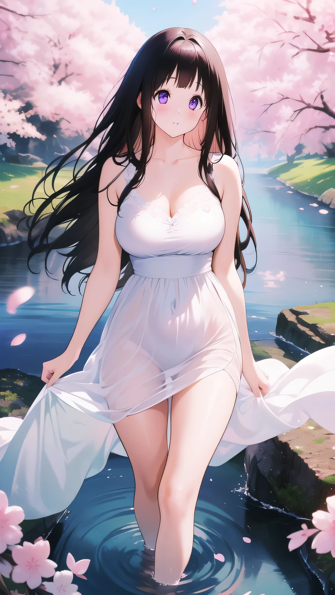 Amazing Chitanda, There is only one beautiful girl,Purple Eyes, Black Hair, Very red face,Very white skin,Glowing skin,Skin as delicate as porcelain,Naturally straight hair, Straight bangs,Extremely refined,Open lips,Long flowing hair,Beautiful Girl, Like a dream,Slim,Slim waist,Soft, (Sensual), (Kawaii), Dream quality,Beautiful big breasts,Half of the areola is exposed,Pink on the chest,There are no clothes on the chest,There are no shoulder straps,White tulle dress,Transparent skirt,The skirt has intricate decorations,The clothes are completely transparent,Clothes that show skin color,The clothes are completely soaked,Deep V neckline,Loose neckline,By the River,Leaning against the Cherry blossoms tree,Wind blows up skirt,Hands lift skirt,Flying Butterflies,Cherry blossoms,Bare shoulders,Bare neck,Exposed collarbone,Showing breasts,Show your buttocks,Show your thighs,Exposing the groin,No pants,extremely shy,Ultra-high resolution, (masterpiece:1.2, best quality), (Delicate and beautiful eyes: 1.2), (Beautiful and delicate face)