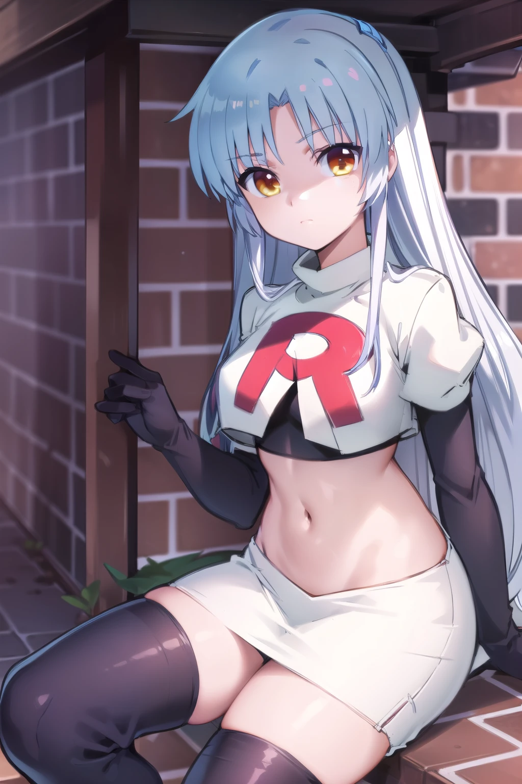 (((pixel-perfect, detail-perfect))), solo, 1girl, kanade tachibana, , looking at viewer, team rocket,team rocket uniform,white skirt,red letter R,crop top,black thigh-highs,black elbow gloves