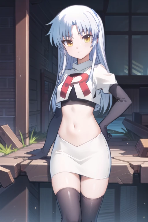 (((pixel-perfect, detail-perfect))), solo, 1girl, kanade tachibana, , looking at viewer, team rocket,team rocket uniform,white skirt,red letter R,crop top,black thigh-highs,black elbow gloves