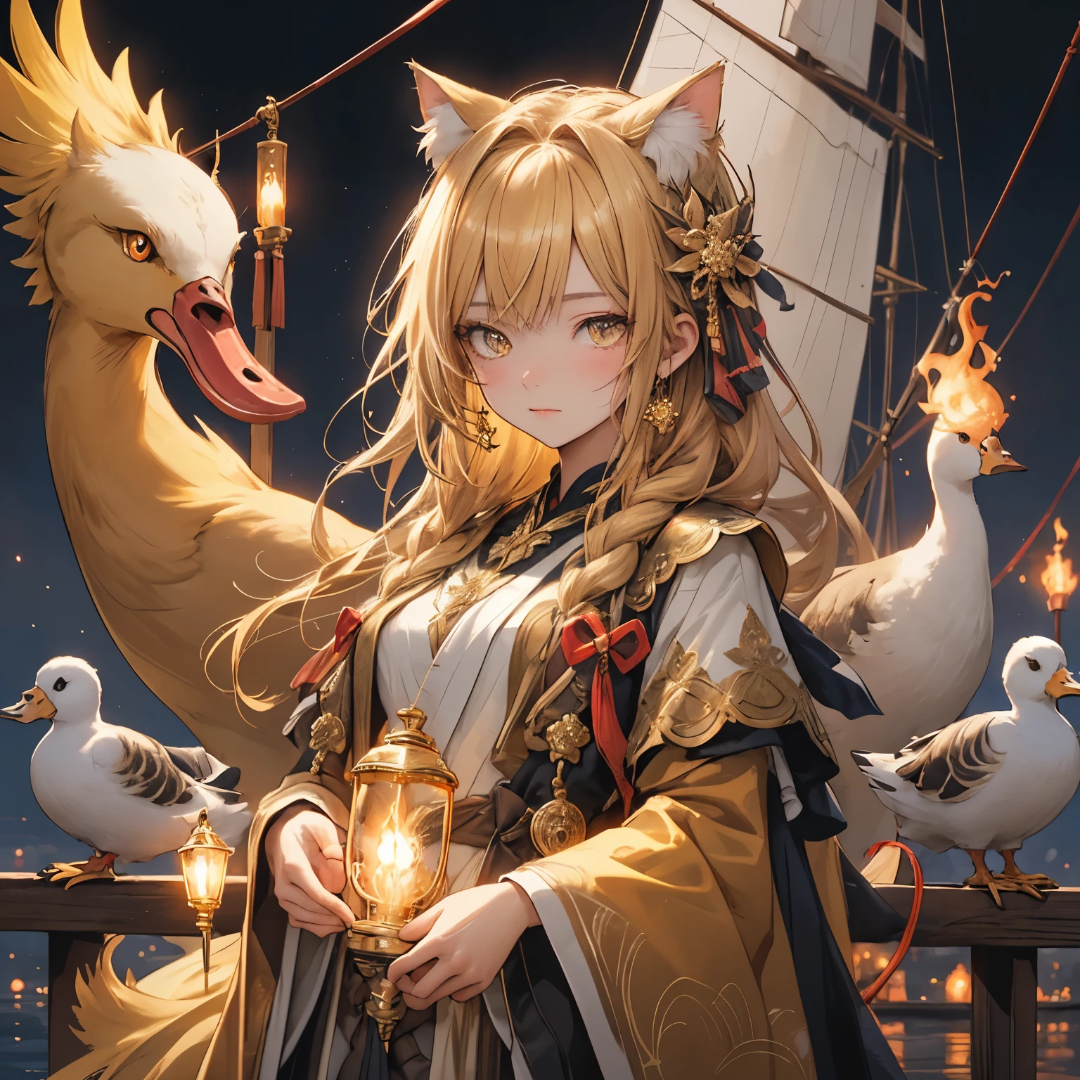 Cat with gold ribbon、Golden Hair、Golden Eyes、Golden Clothes、Ukai、Background Night、board a ship、torches、Controlling a duck on a string