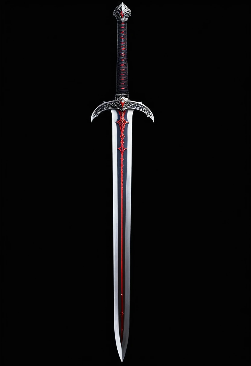 ((best quality)), ((masterpiece)), (detailed), a red and black long sword with a black background, conceptual art, sci-fi sword, sword design, beautiful sword, fantasy sword, epic fantasy weapon art, huge sword, big sword, war blade weapon, magical sword, fantasy sword of warrior, large sword, vampiric sword, 