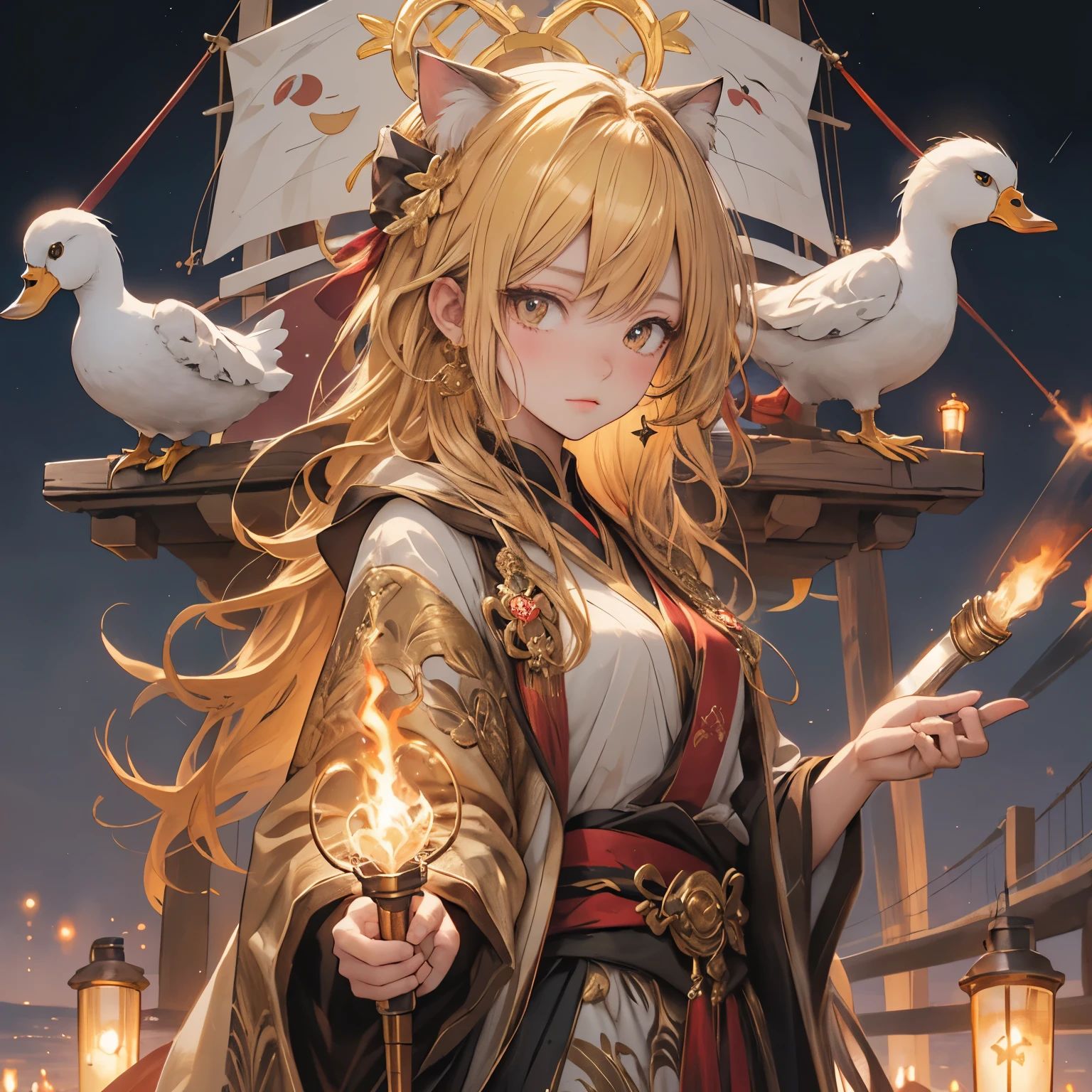 Cat with gold ribbon、Golden Hair、Golden Eyes、Golden Clothes、Ukai、Background Night、board a ship、torches、Controlling a duck on a string、Familiar