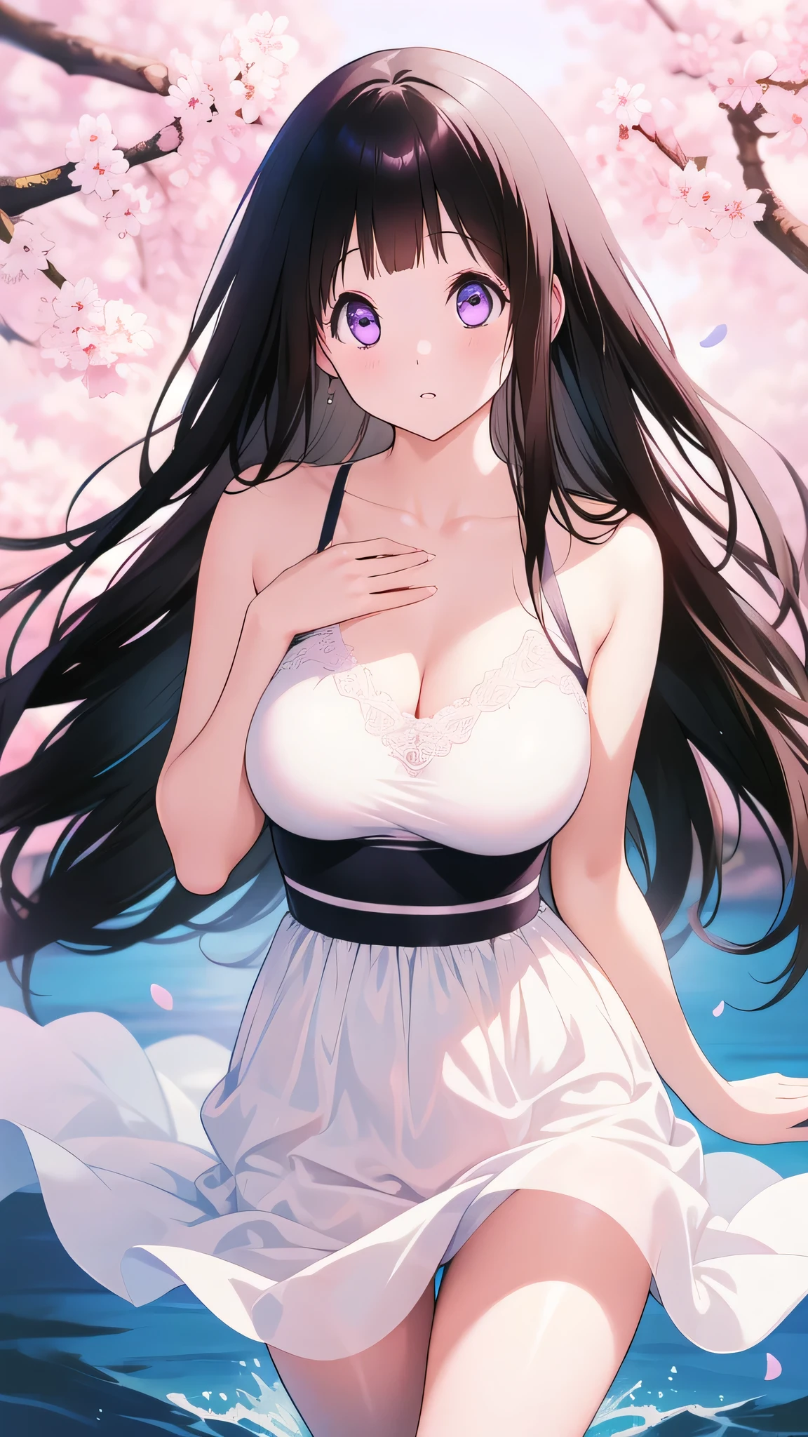 Amazing Chitanda, There is only one beautiful girl,Purple Eyes, Black Hair, Very red face,Very white skin,Glowing skin,Skin as delicate as porcelain,Naturally straight hair, Straight bangs,Extremely refined,Open lips,Long flowing hair,Beautiful Girl, Like a dream,Slim,Slim waist,Soft, (Sensual), (Kawaii), Dream quality,Beautiful ,Half of the areola is e,Pink on the chest,There are no clothes on the chest,There are no shoulder straps,White tulle dress,Transparent skirt,The skirt has intricate decorations,The clothes are completely transparent,Clothes that show skin color,The clothes are completely soaked,Deep V neckline,Loose neckline,By the River,Leaning against the Cherry blossoms tree,Wind blows up skirt,Hands lift skirt,Flying Butterflies,Cherrossoms,Bare shoulders,Bare neck,Exposed collarbone,Showing breasts,Show your buthow your thighs,Exhe groin,No pants,extremely shy,Ultra-high resolution, (masterpiece:1.2, best quality), (Delicate and beautiful eyes: 1.2), (Beautiful and delicate face)