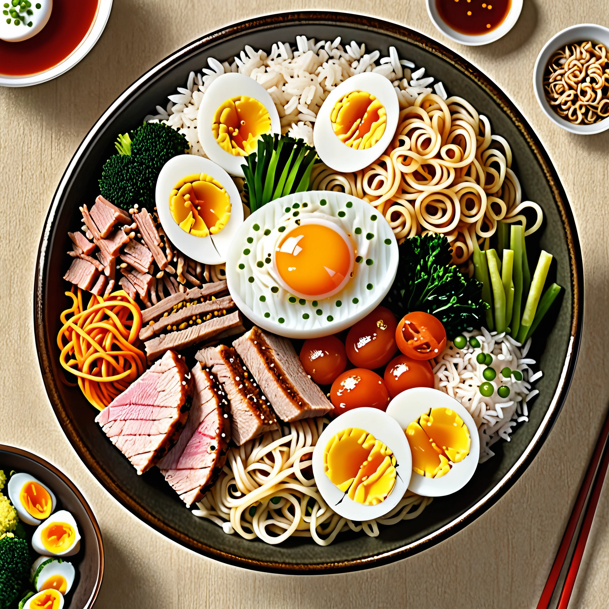 a Bentō with variety of vegetables, boiled egg, meat, rice ball, portion of striped noodles, Surrealism, bloom, 8k, super detail, ccurate, best quality, UHD, anatomically correct, textured skin, high quality, highres, best quality