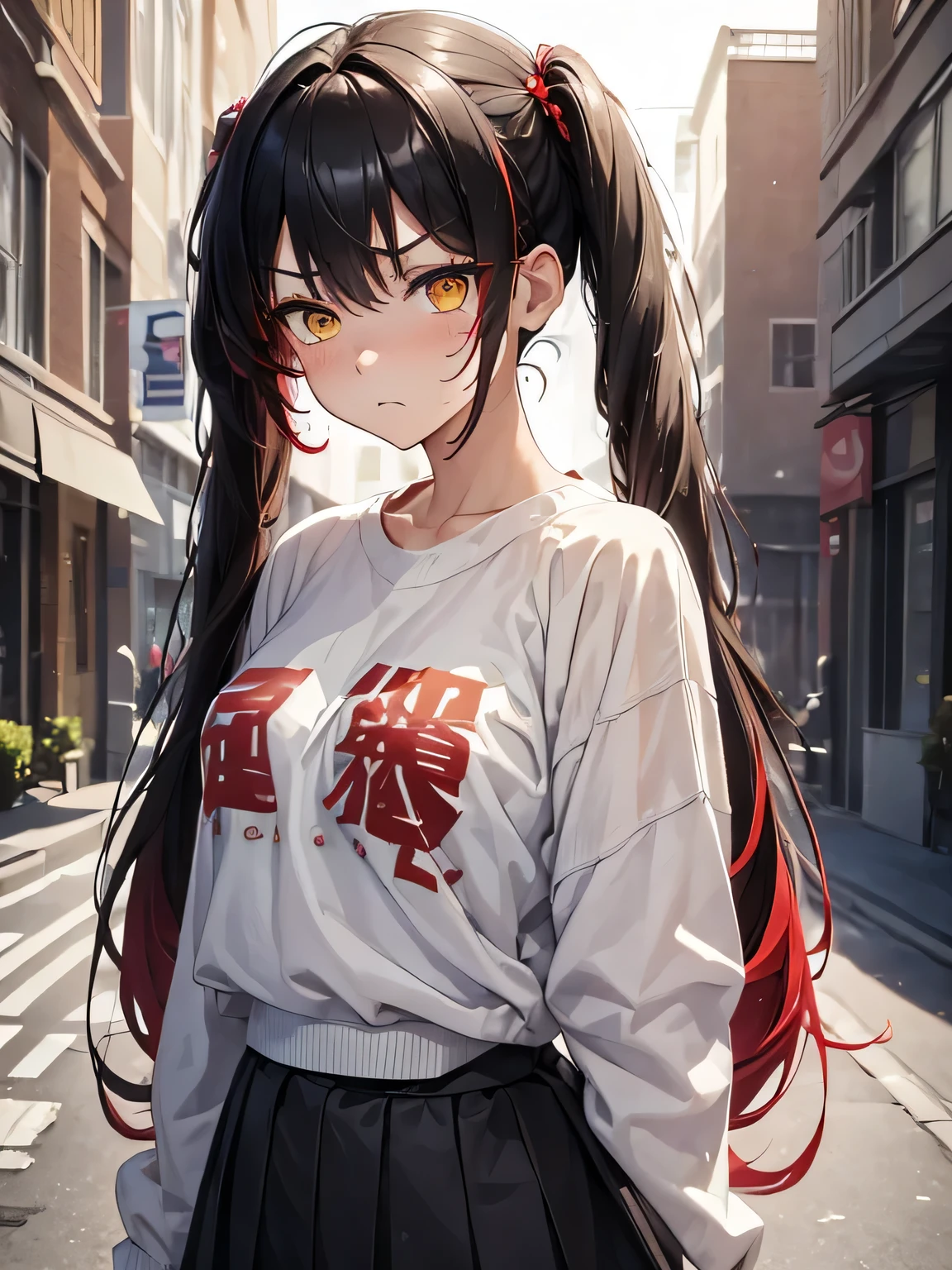 (masterpiece, best quality:1.4), 8k, Black Hair, Red Highlights Hair, Messy Braided twintail, Young adult, anime girl, Annoyed, Angry, Really Big Chest, light yellow Eyes, in Campus, White oversized Sweater (detailed eyes and face, sharp pupils, realistic pupils:0.6)