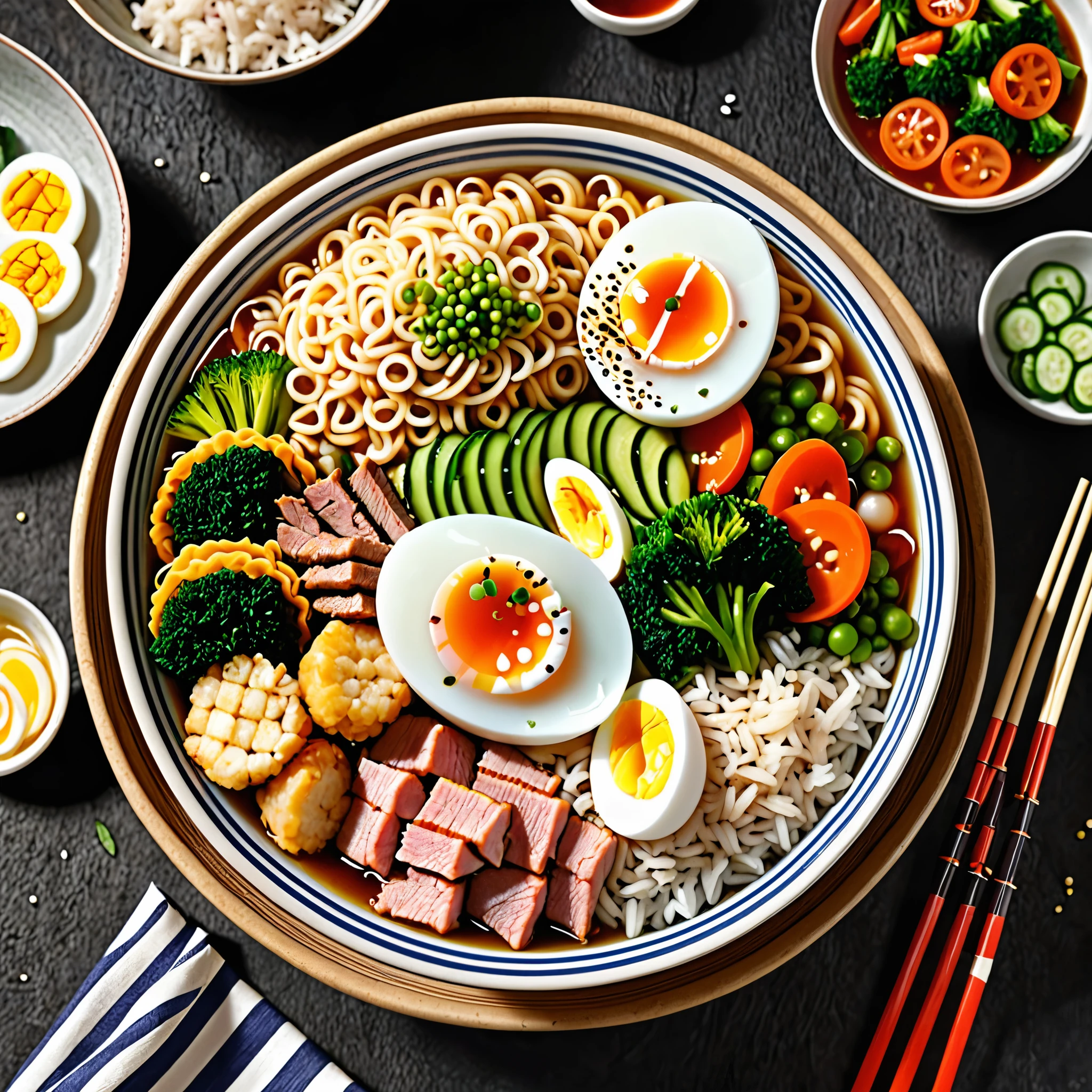 a Bentō with variety of vegetables, boiled egg, meat, rice ball, portion of striped noodles, Surrealism, bloom, 8k, super detail, ccurate, best quality, UHD, anatomically correct, textured skin, high quality, highres, best quality
