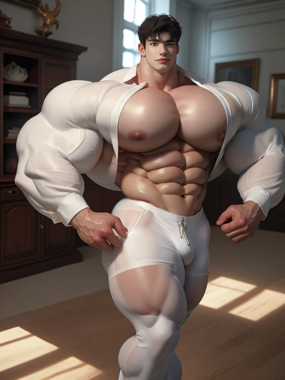 (best quality:1.5, hyperrealistic:1.5, photorealistic:1.4, madly detailed CG unity 8k wallpaper:1.5, masterpiece:1.3, enthusiastically detailed photo:1.2), (hyper-realistic lifelike texture:1.4), highly detailed, ((masterpiece, best quality)), retouched, extremely detailed 8K wallpaper, 1 korean male, (korean man with k-pop idol look), 20yo, looking at viewer, handsome, big guy, hyper muscle, giant muscular bodybuilder, bulk, massive body, large size, posing, stubble, sexy and hot, innocent, wearing stylish tight actors pants, in blue, photo real, illuminating light, indoor, walk on runway in white