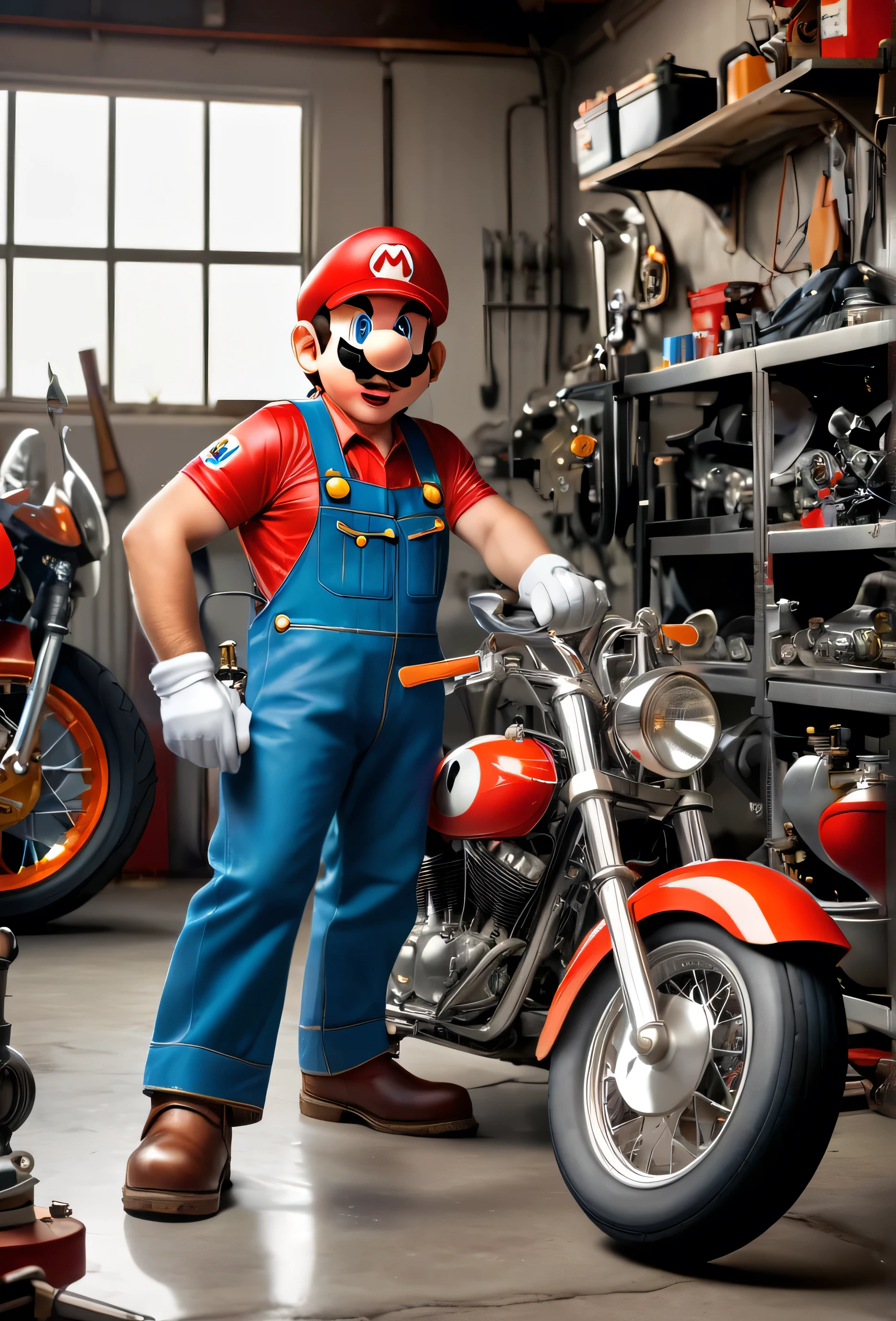 Super mario scene, dressed in mechanic’s overalls in the traditional colors of super mario, repairing a motorcycle, harley-davdson style, in a motorcycle workshop