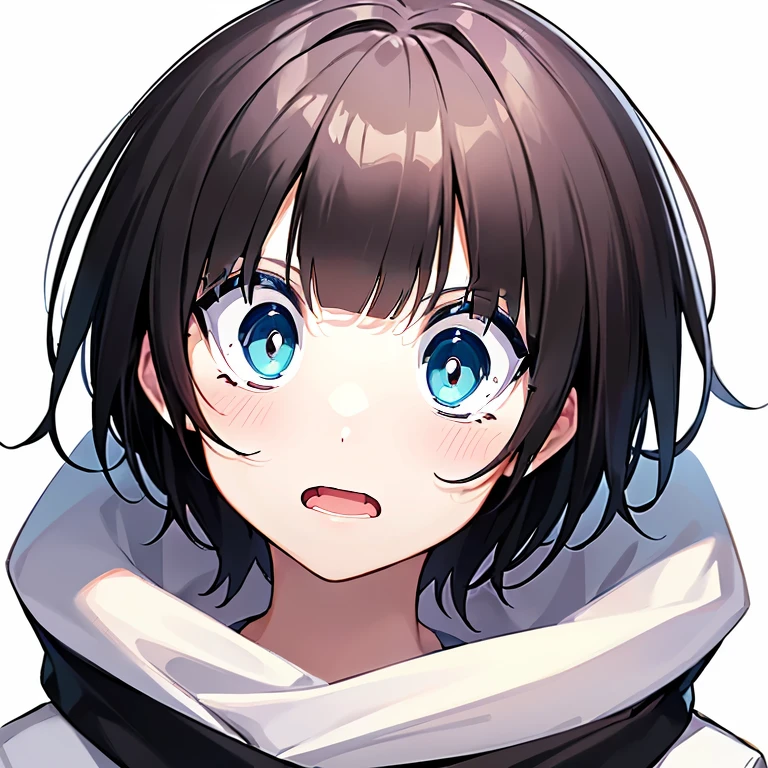 ((1 beautiful girl)), ((solo:1.3)),((blunt bangs)),((black hair)),((Blue eyes)), ((shoulder length hair:1.2,short hair)),************, ((white background:1.3)),((See here)),((head shot)), BREAK (surprised, eyes wide open, constricterd pupils:, raise eyebrows:1.3), 