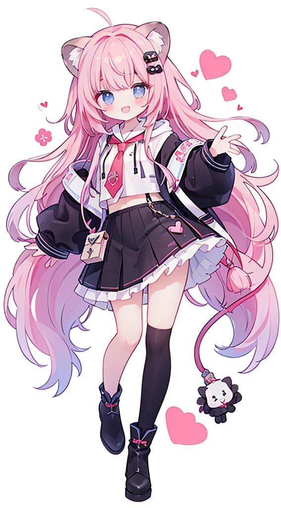 (masterpiece、Top quality、high quality)、one个年轻女孩的全身、one 、Pink long hair、tie hair、Fluffy、Black skirt、Mafia girl、Full Body Love、Fluffy atmosphere、Leather Boots、Plain white background、Smile、positive、Lion hoodie、