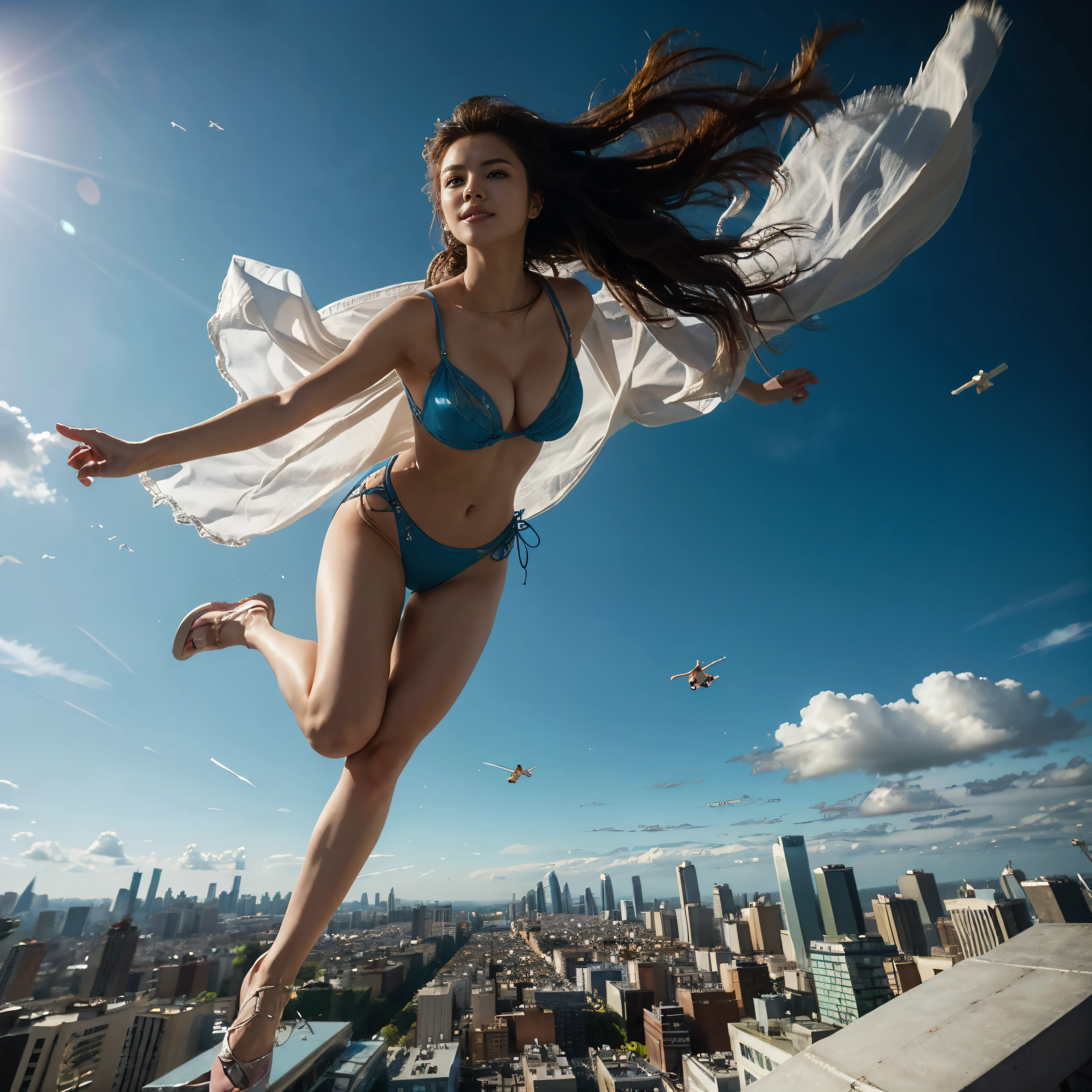 A woman with the supernatural power to fly、(Soaring above the big city:1.6)、(Hair blowing in the wind and clothes fluttering in the wind:1.3)、Charming smile、Distinctive and attractive costumes、Speed、Refreshing feeling、Dynamic pose、Shot from a dynamic angle、mynatalee women 、 (highest quality、4k、8k、High resolution、masterpiece:1.2)、Super detailed、(Real、Photorealistic、Photorealistic:1.37)、HDR、Bright colors、Full Body Shot、Sharp focus、Studio Lighting、anime、Bright colors