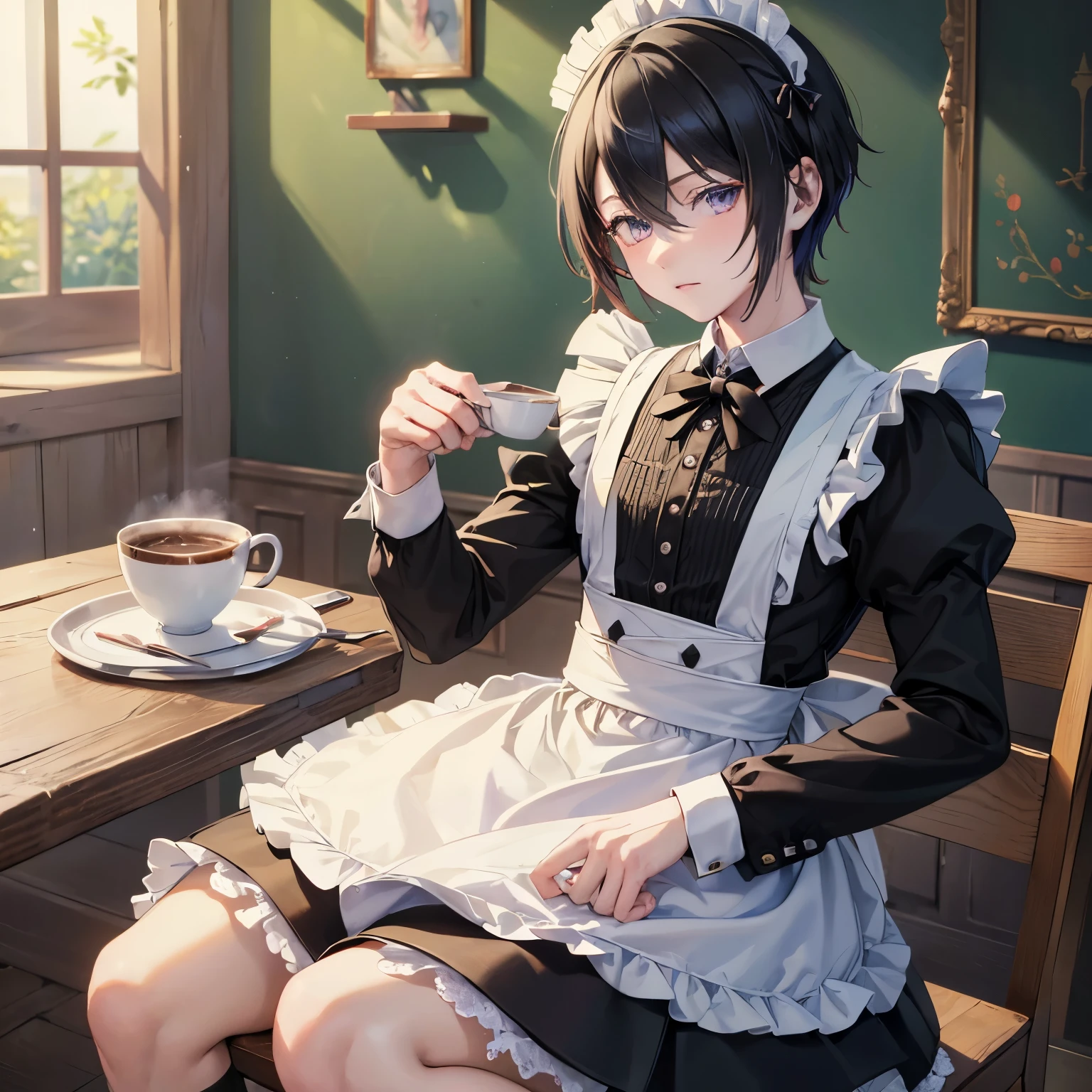 maleのMaid, male, male, male, juvenile,juvenile, Maid, Maid服を着ているjuvenile, Coffee on a tray, (((masterpiece:1.4))), (highest quality:1.4), (Ultra-high resolution:1.4), (best quality:1.2), (ultra detail:1.3), 