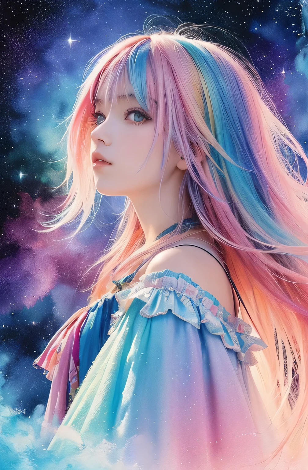 (masterpiece, highest quality, highest quality,watercolor (Moderate),Official Art, beautifully、aesthetic:1.2),(One girl:1.3), (Fractal Art:1.3),Upper Body, From the side, View your viewers,pattern,(Rainbow Hair,colorful hair,Half Blue、Half pink hair:1.2),water,liquid, cloud,colorful, Starry sky,performer,looking at the camera,Full body