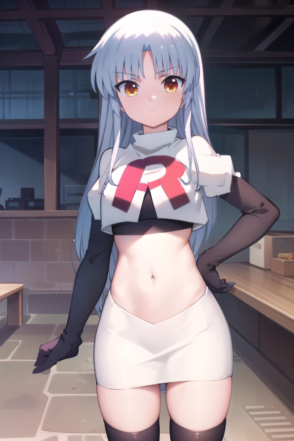 (((pixel-perfect, detail-perfect))), solo, 1girl, kanade tachibana, , looking at viewer, team rocket,team rocket uniform,white skirt,red letter R,crop top,black thigh-highs,black elbow gloves