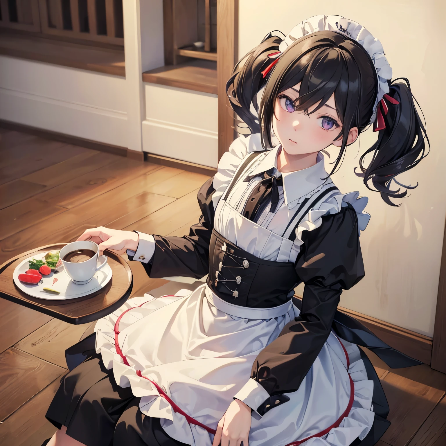 maleのMaid, male, male, male, juvenile,juvenile, Maid, Maid服を着ているjuvenile, Coffee on a tray, (((masterpiece:1.4))), (highest quality:1.4), (Ultra-high resolution:1.4), (best quality:1.2), (ultra detail:1.3), 