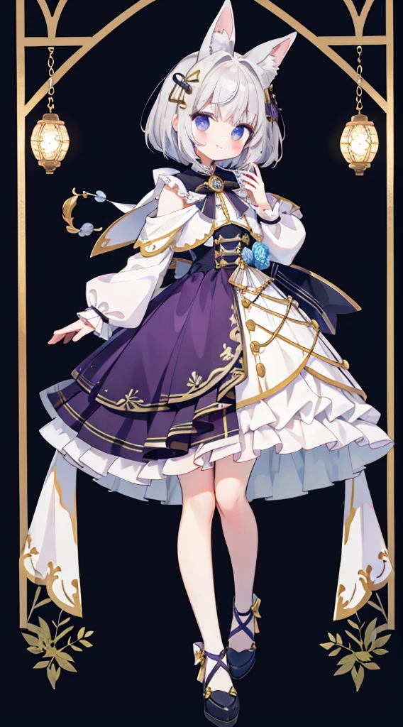 1 girl、((Full body standing pictures))、Top quality、high quality、masterpiece、White-haired beauty,Purple skirt,High and tall,Slender,Smile,Blushed,Standing in wonderland,shining