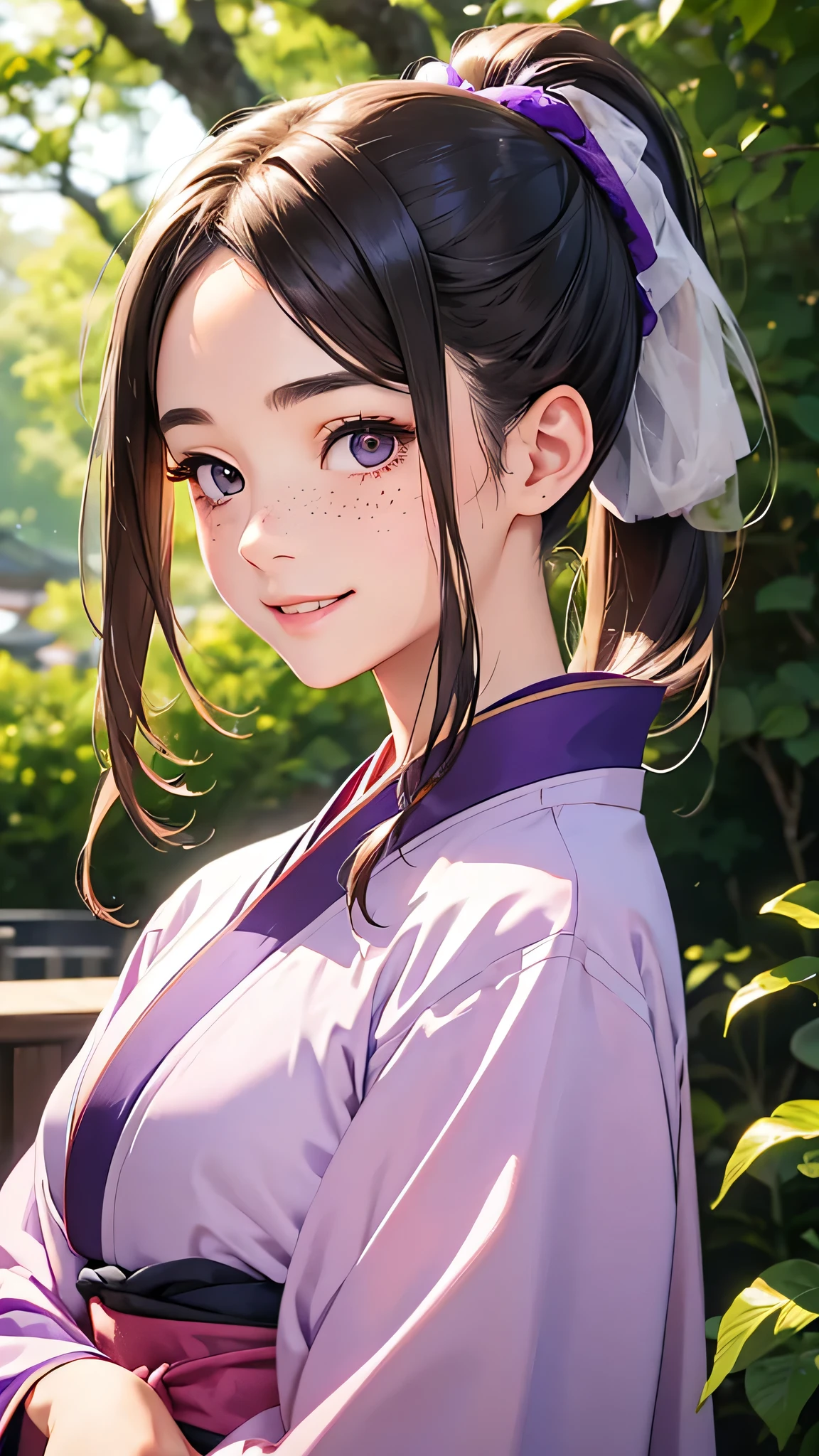 highest quality、Realistic、girl、Japanese、zoom、cute、Gray Eyes、Chestnut Hair、Long Ponytail、Purple kimono、Japanese clothing、Face close-up、smile、thin、Small breasts、freckles