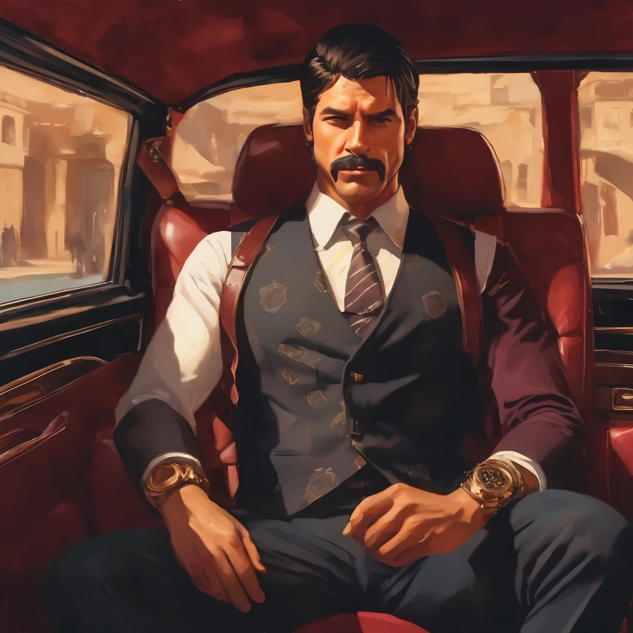 (obra maestra, Mejor calidad:1.2), 1 chico, solo, thenahualli, inside a limousine, serious, dangerous man, elegant, elegante, wearing a suit, vest, sit