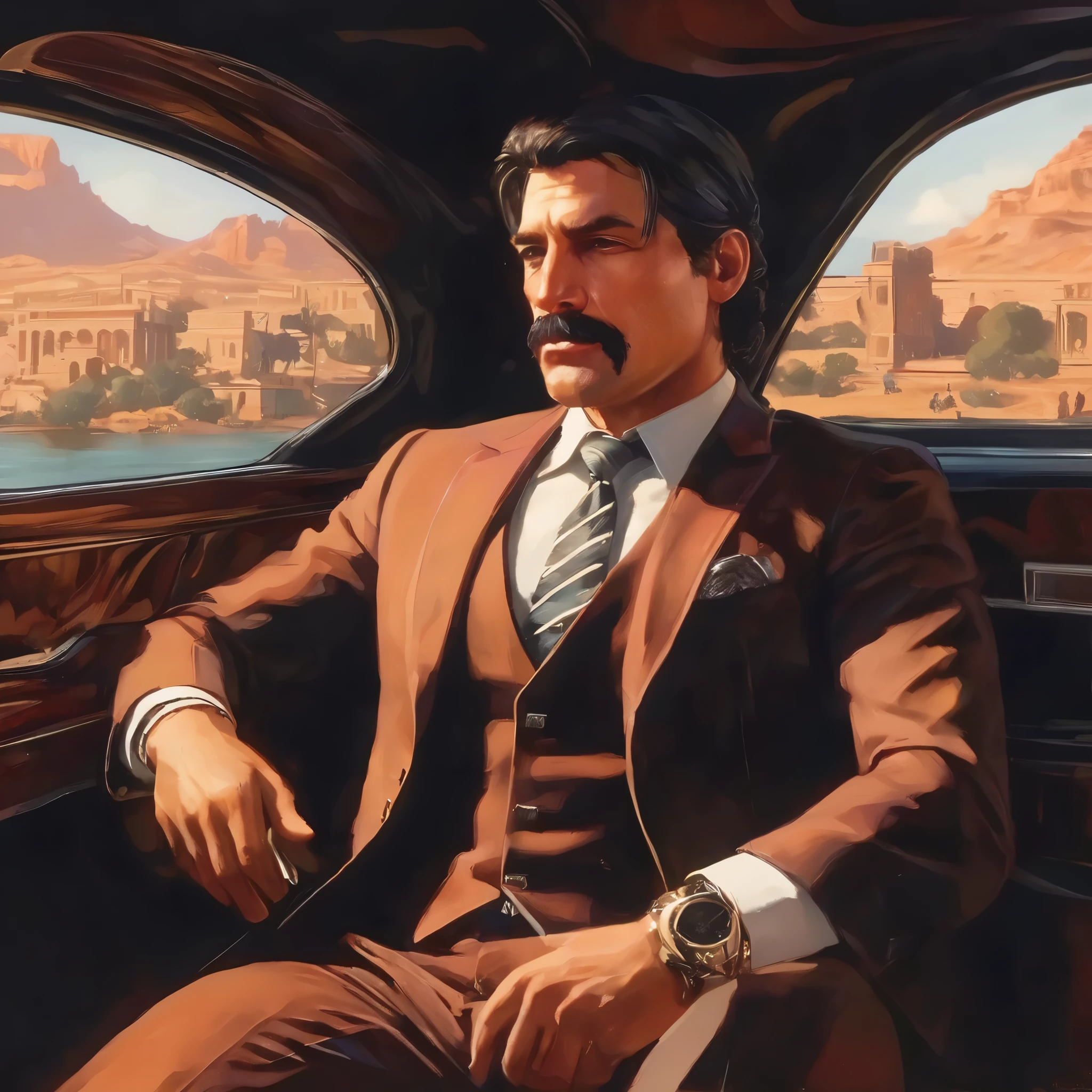 (obra maestra, Mejor calidad:1.2), 1 chico, solo, thenahualli, inside a limousine, serious, dangerous man, elegant, elegante, wearing a suit, vest, sit