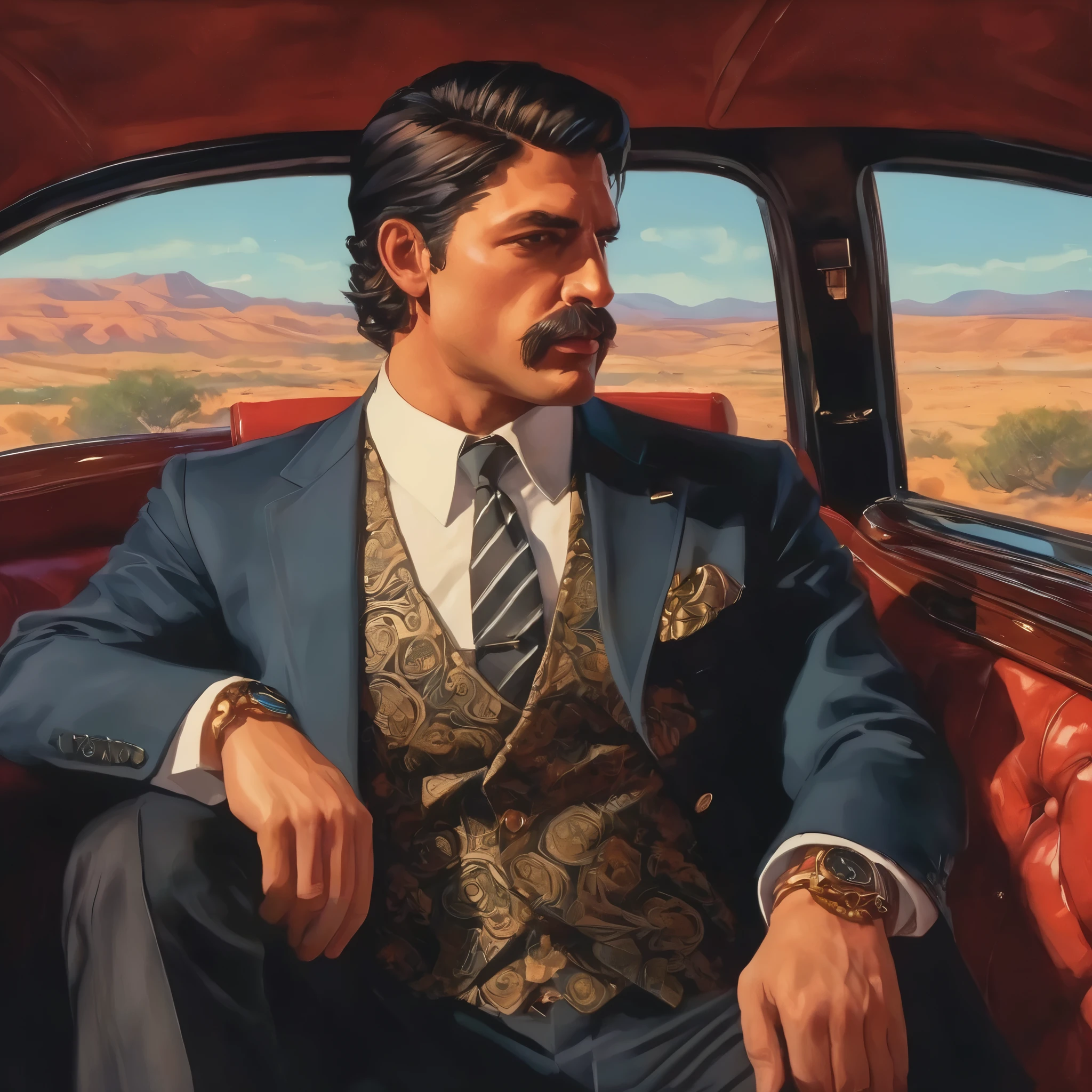 (obra maestra, Mejor calidad:1.2), 1 chico, solo, thenahualli, inside a limousine, serious, dangerous man, elegant, elegante, wearing a suit, vest, sit