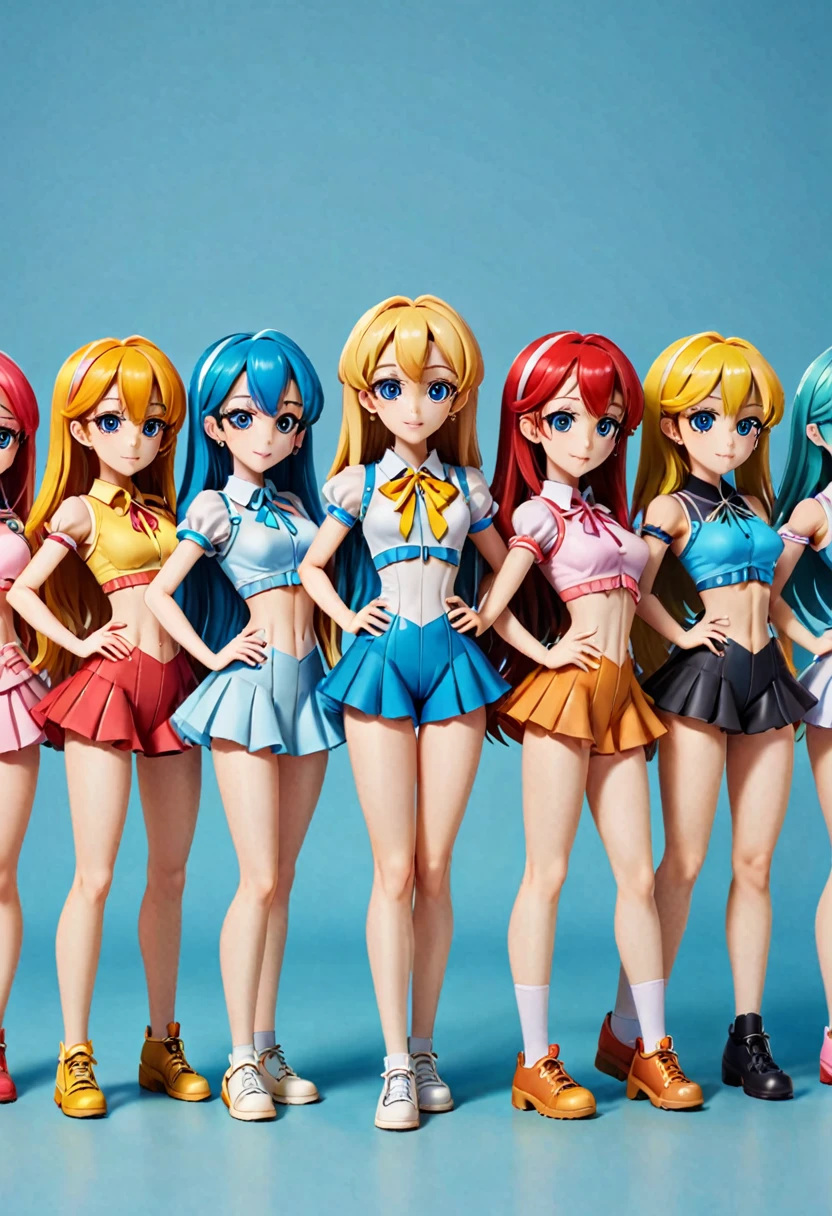 A lot of female Reploids,
 All are cute and pretty,
 All heights、hair color、Different systems,
 All of them have different top and bottom shapes. Full body shot,
 Masterpiece,
 Group selfie