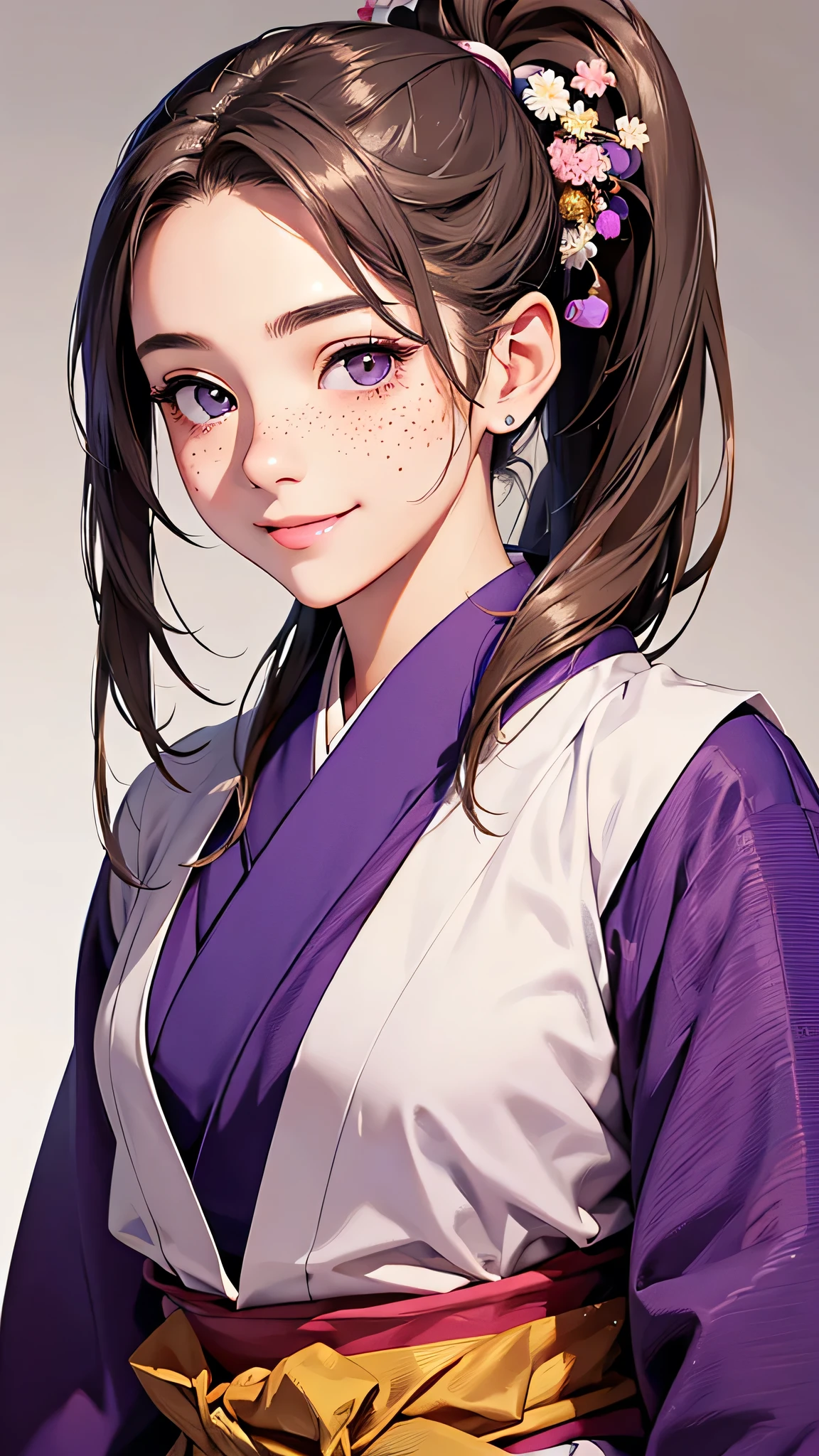 highest quality、Realistic、girl、Japanese、zoom、cute、Gray Eyes、Chestnut Hair、Long Ponytail、Purple kimono、Japanese clothing、Face close-up、smile、thin、Small breasts、freckles