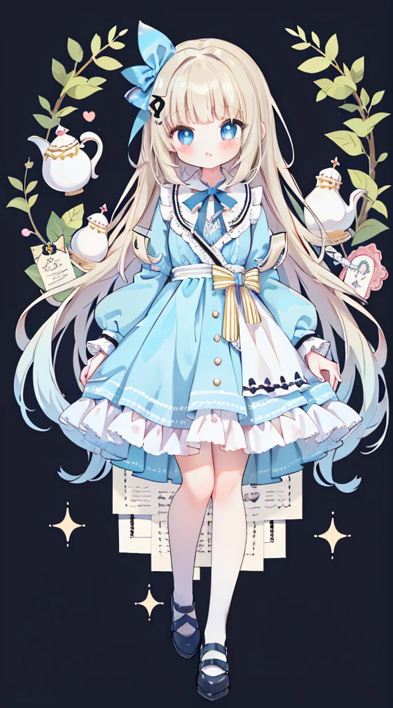 Standing picture、Full Body Love、A girl、Cute little、Alice in Wonderland、Alice in Wonderland服装、yellow paper、curls、Light blue eyes、Alice in Wonderland background、piece