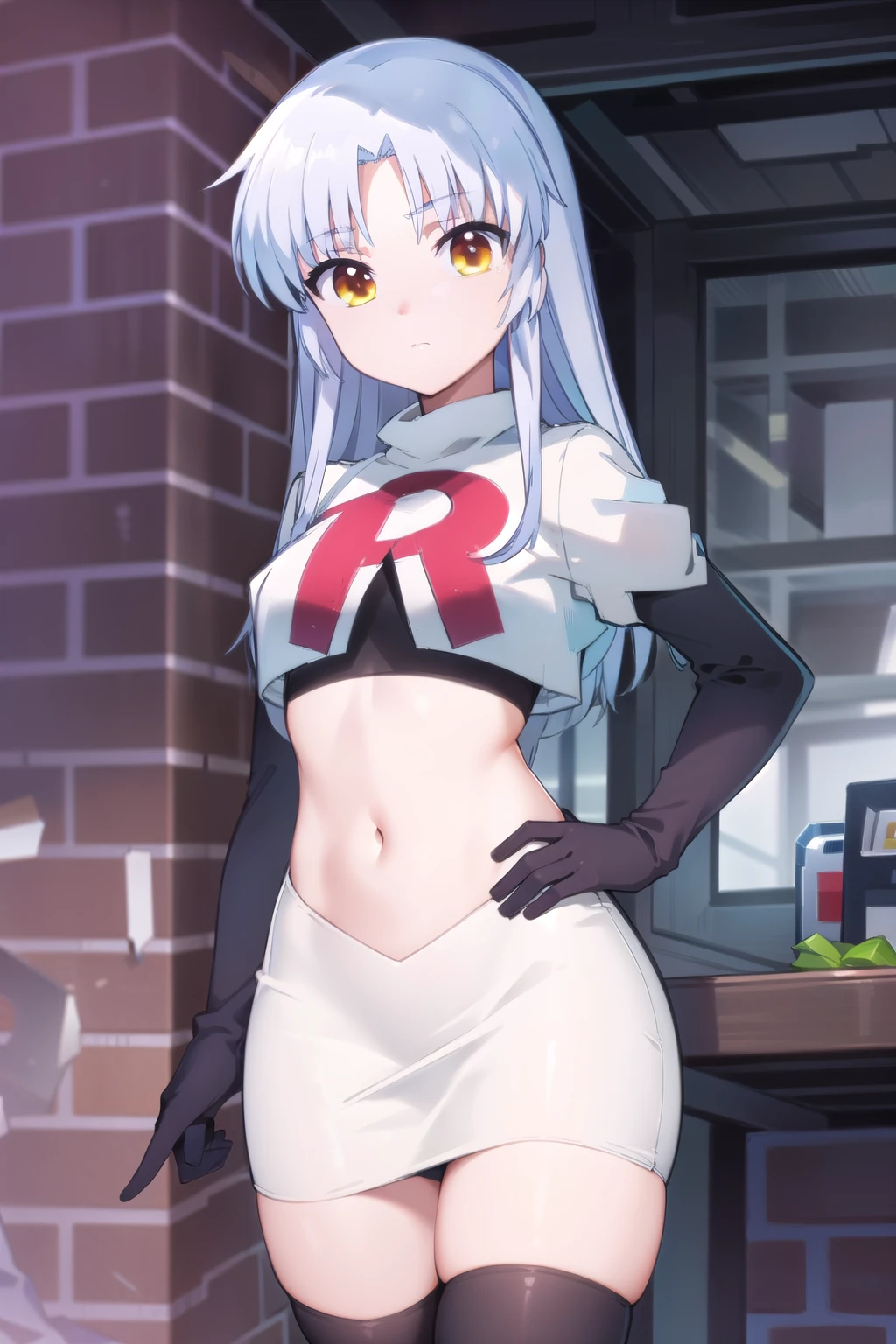 (((pixel-perfect, detail-perfect))), solo, 1girl, kanade tachibana, , looking at viewer, team rocket,team rocket uniform,white skirt,red letter R,crop top,black thigh-highs,black elbow gloves