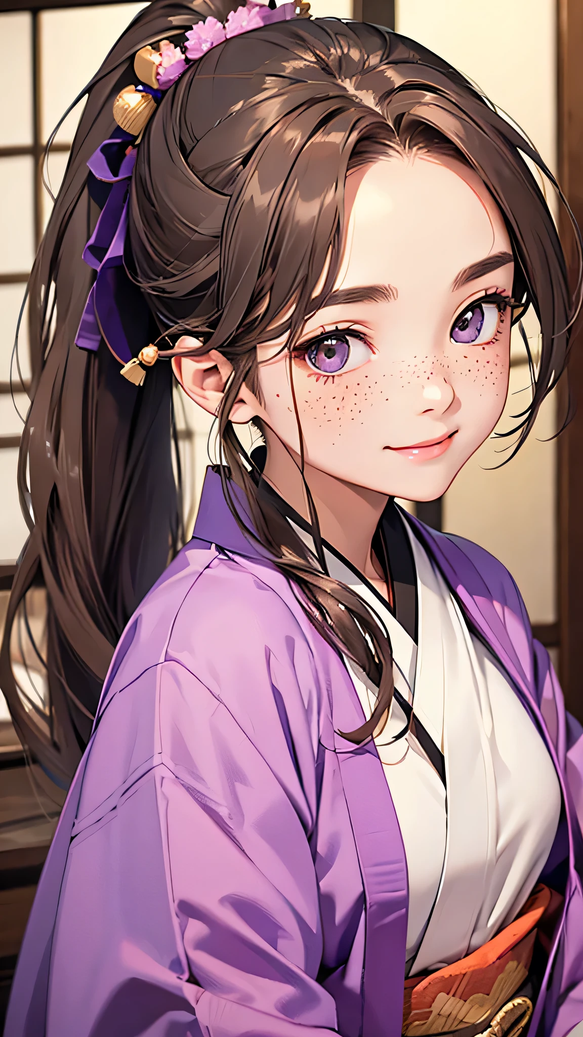 highest quality、Realistic、girl、Japanese、zoom、cute、Gray Eyes、Chestnut Hair、Long Ponytail、Purple kimono、Japanese clothing、Face close-up、smile、thin、Small breasts、freckles