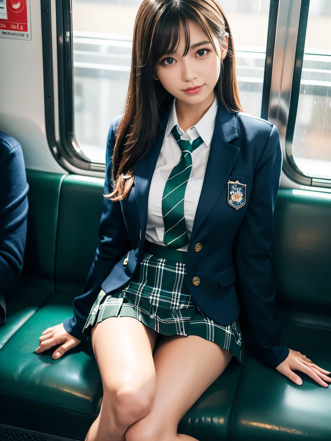 Sexy and cute look and cute 16-year-old beautiful girl, masterpiece、highest quality、High resolution、Realistic、Bright lighting、Professional Lighting、Face Light、Smooth lighting、Cute school girl、Cute uniformed girl、美しい and sexy face、(A dark blue blazer with an emblem on the left chest)、(White blouse)、(Dark green casual tie)、(((Dark blue and dark green checked mini skirt)))、(((Dark blue socks that go down to the knee)))、Brown leather shoes、Brown Loafers)、Brown moderate hair、so beautiful、Beautiful Skin、Beautiful and detailed、Detailed face、Brown eyes、Beautiful legs、on the train、smile、Full Body Shot、E cup breasts、Beautiful thighs、Clean calves、looking at viewer、