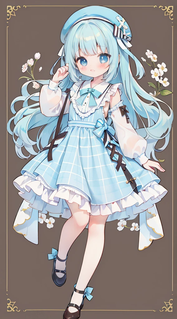 Full Body Esbian、Standing picture、Light blue hair、Brown beret、Plaid slip dress、Chocolate Mint、Light blue eyes、Light blue shirt、Brown ribbon、Cute little、masterpiece、Top quality、Top image quality