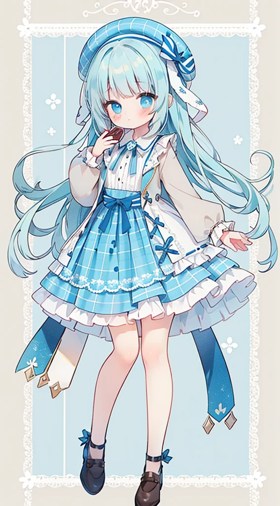 Full Body Esbian、Standing picture、Light blue hair、Brown beret、Plaid slip dress、Chocolate Mint、Light blue eyes、Light blue shirt、Brown ribbon、Cute little、masterpiece、Top quality、Top image quality