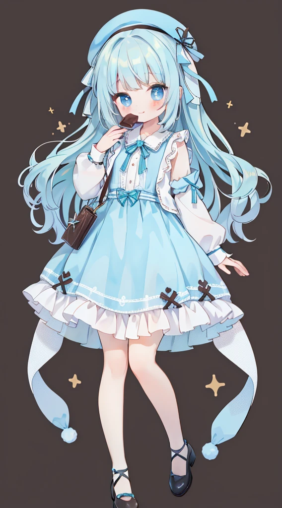 Full Body Esbian、Standing picture、Light blue hair、Brown beret、Plaid slip dress、Chocolate Mint、Light blue eyes、Light blue shirt、Brown ribbon、Cute little、masterpiece、Top quality、Top image quality