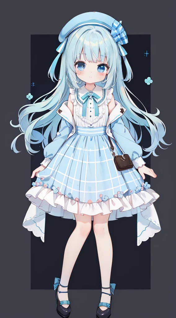 Full Body Esbian、Standing picture、Light blue hair、Brown beret、Plaid slip dress、Chocolate Mint、Light blue eyes、Light blue shirt、Brown ribbon、Cute little、masterpiece、Top quality、Top image quality