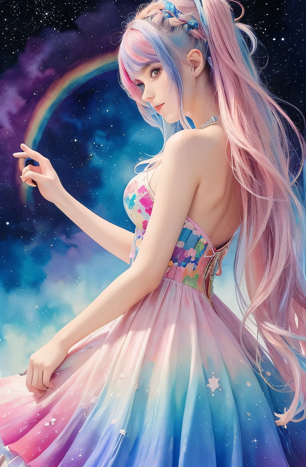 (masterpiece, highest quality, highest quality,watercolor (Moderate),Official Art, beautifully、aesthetic:1.2),(One girl:1.3), (Fractal Art:1.3),Upper Body, From the side, View your viewers,pattern,(Rainbow Hair,colorful hair,Half Blue、Half pink hair:1.2),water,liquid, cloud,colorful, Starry sky,performer,looking at the camera,Full body