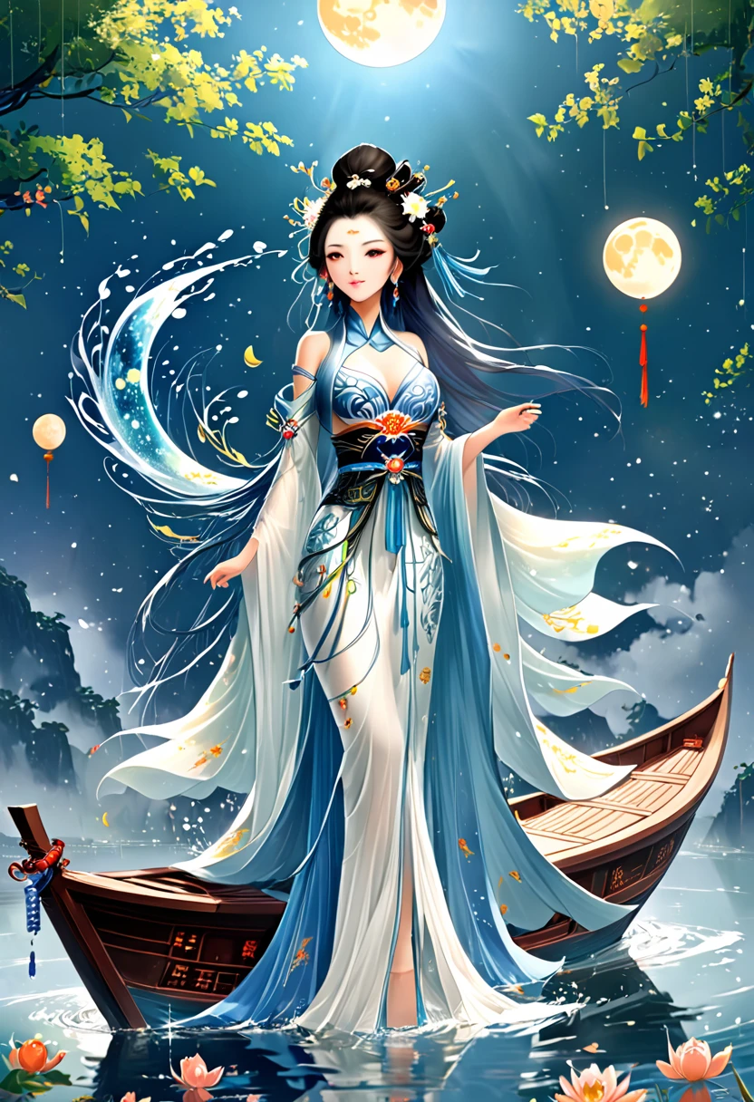 Anime girl in a white dress floating a boat in the water，Fantasy，Moon Goddess，Beautiful fantasy queen,  by Yang J, Chinese Fantasy，Beautiful girl，Sea Queen Mu Yanling，Moon Goddess，Moon Goddess，Flowing magic robe，Beautiful fairy wizard, by Leng Mei, ((a beautiful fantasy empress))