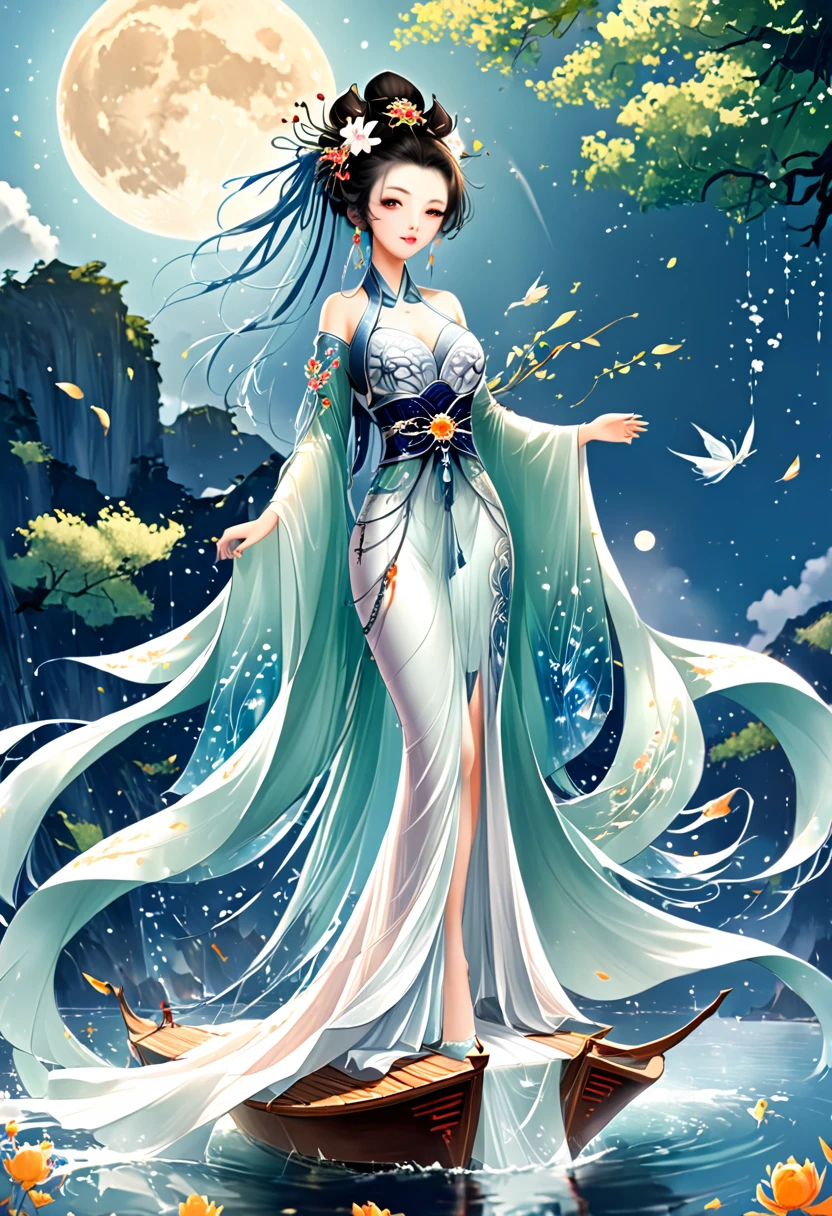 Anime girl in a white dress floating a boat in the water，Fantasy，Moon Goddess，Beautiful fantasy queen,  by Yang J, Chinese Fantasy，Beautiful girl，Sea Queen Mu Yanling，Moon Goddess，Moon Goddess，Flowing magic robe，Beautiful fairy wizard, by Leng Mei, ((a beautiful fantasy empress))