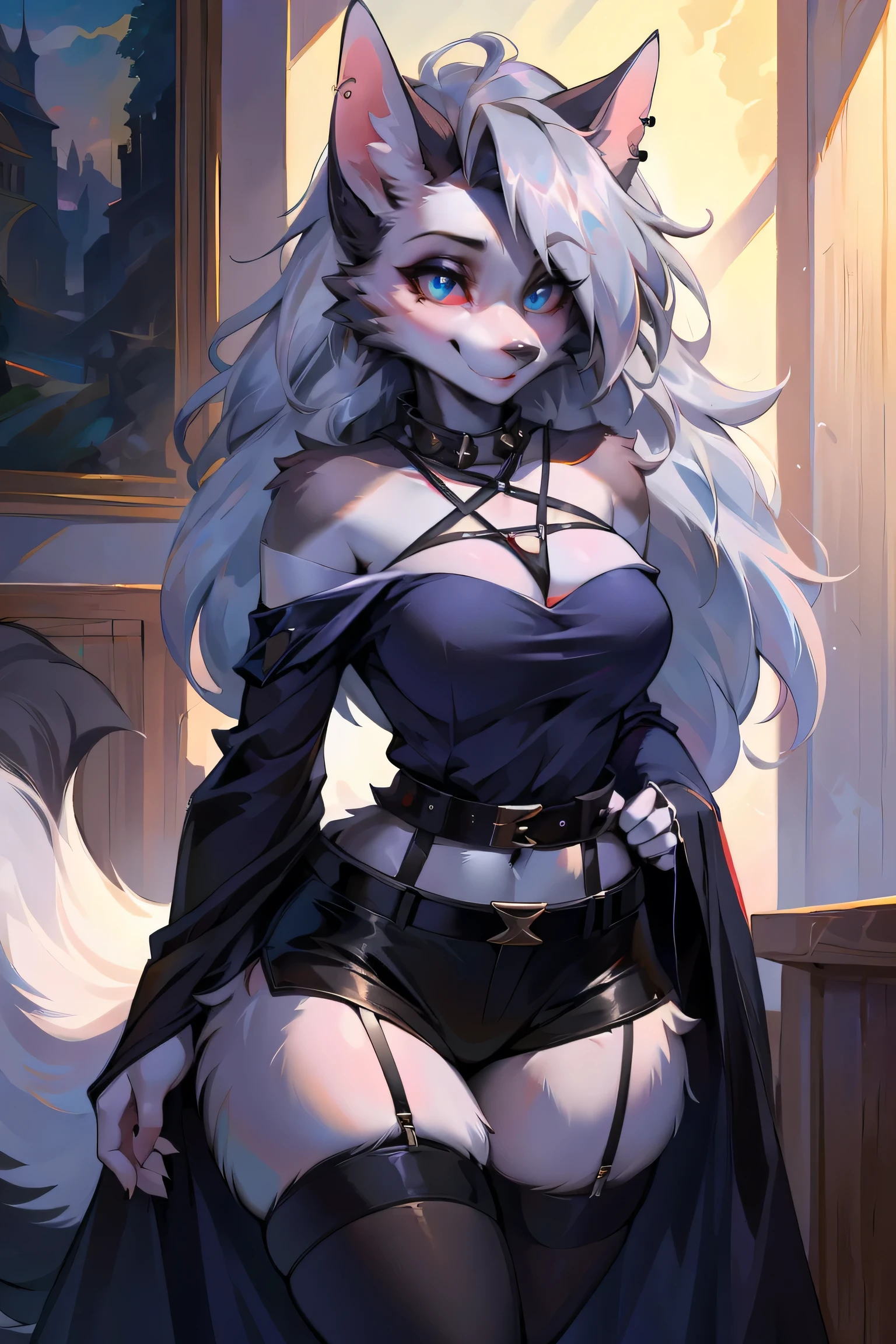 cute,furry_girl,wolf_girl,detailed_eyes,silver_hair,cute_ears,wolf_ears,black robe,leggings,fluffy_furs,earrings,upper body,stocking with garterbelt,neck garter,(perfect detailed eyes:1.5),smiling,(front:1.5),(furry:1.5),long lashes,flowy chiffon,well-proportioned figure,(thick thighs:1.1),perfectly high-detail facial features,(perfect detailed eyes:1.5),silky long hair,masterpiece, best quality, Ultra-high quality, Ridiculous details,(best quality,4k,8k,highres,masterpiece:1.2),ultra-detailed