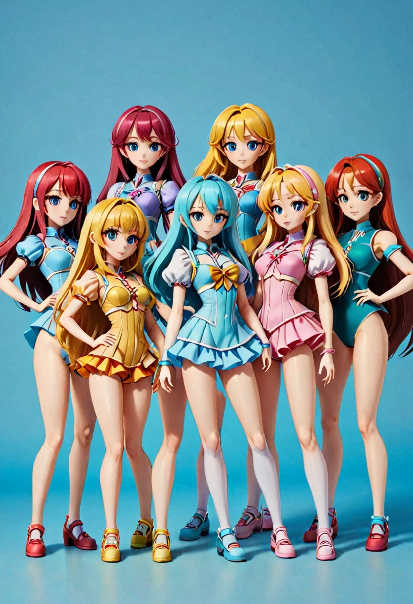 A lot of female Reploids,
 All are cute and pretty,
 All heights、hair color、Different systems,
 All of them have different top and bottom shapes. Full body shot,
 Masterpiece,
 Group selfie