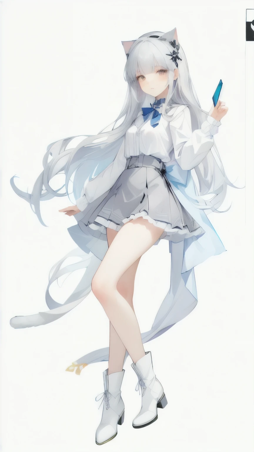 Close-up of a man wearing a skirt and boots,Character Design，Character portrait，Whole body，Standing，A girl on gray background，Seventeen，Gentle personality，Silver long hair，Black cat ears，Cat&#39;s Tail，Bow Hairpin，blue grey eyes，（（Black and white skirt）），Collar， Anime full body illustration, pretty Anime character design, Single character full body, High-quality anime art style, Adaptable personality, Suitable for whole body, Anime character design, High quality character design, Clear clothing design, Star witch clothes,  Official character illustrations, Shoujo manga character design