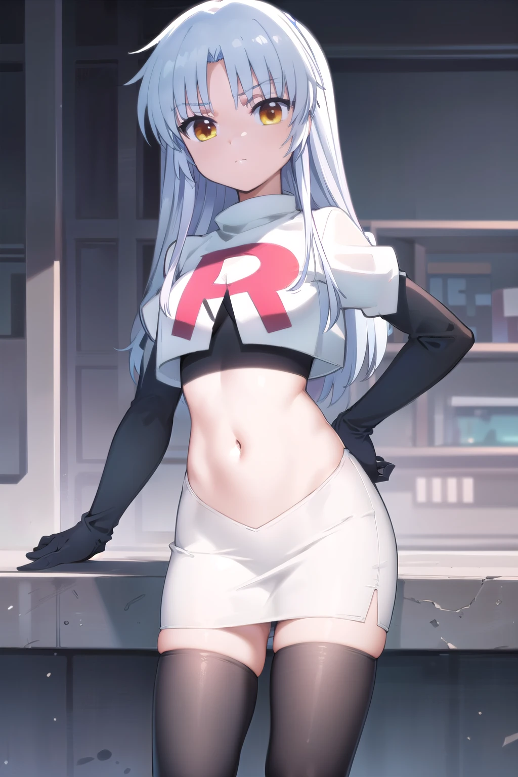 (((pixel-perfect, detail-perfect))), solo, 1girl, kanade tachibana, , looking at viewer, team rocket,team rocket uniform,white skirt,red letter R,crop top,black thigh-highs,black elbow gloves